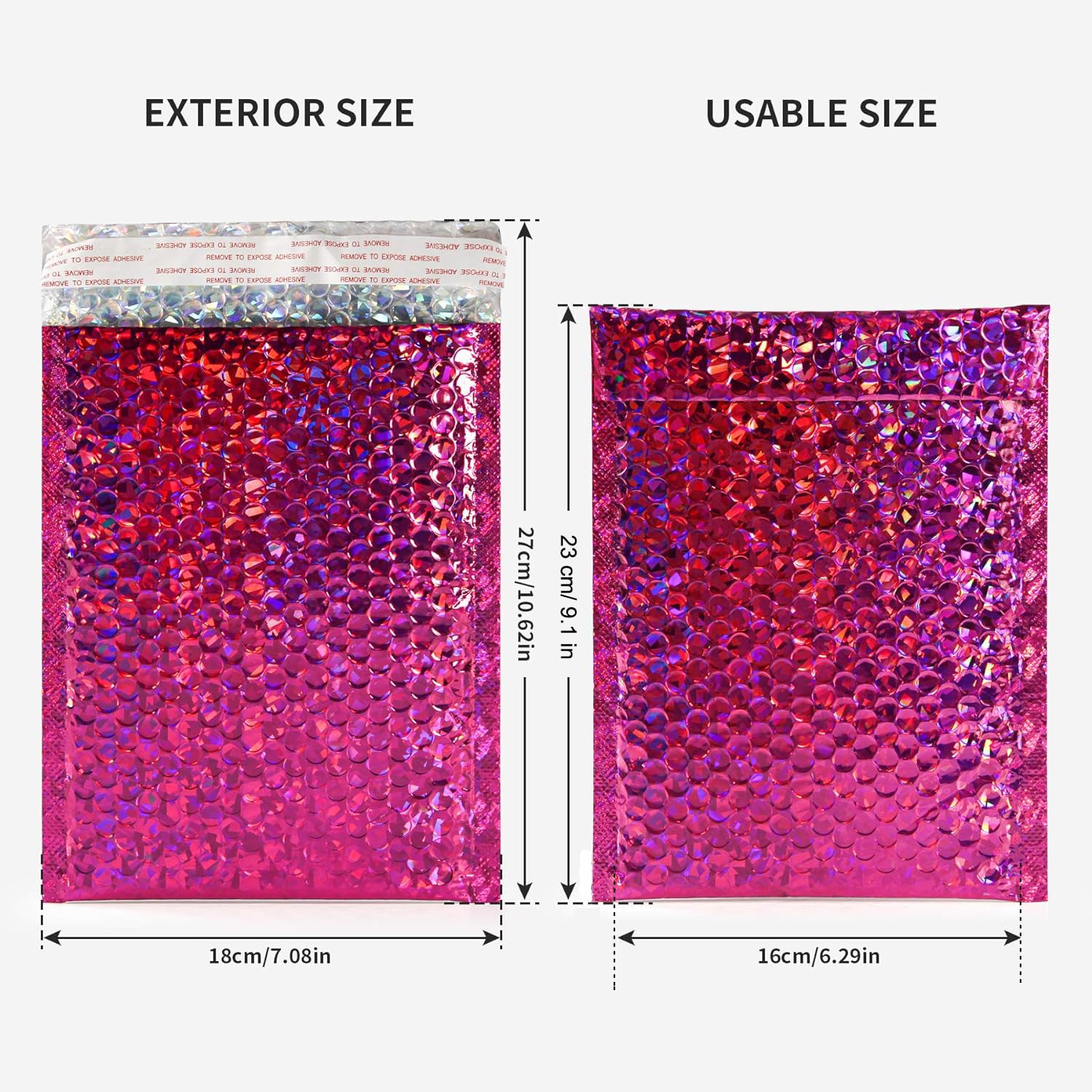 Lot de 30 enveloppes à bulles holographiques auto-adhésives pour envoi postal, 17,8 x 27,9 cm, rouge argenté