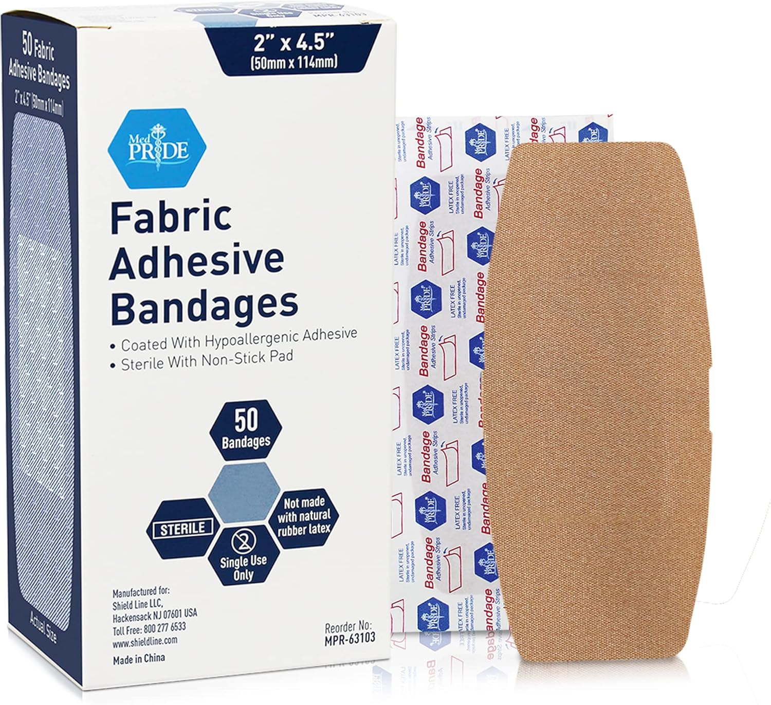 Medpride Sterile Fabric Adhesive Bandages [50 Count]- First Aid Bandages Coated with Hypoallergenic Adhesive & Non-Stick Pad- Latex-Rubber Free Wound Care Bandages- Individual Wrapped- 2” x 4.5'' : Health & Household