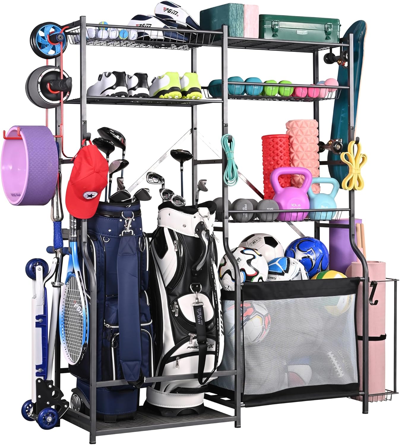 PLKOW Golf Storage Ball Rack Garage Organizer, 2 Golf Bag Organizer and Other Sports Equipment Organizer for Garage, Extra Large Size Sports Storage Rack for Garage Black