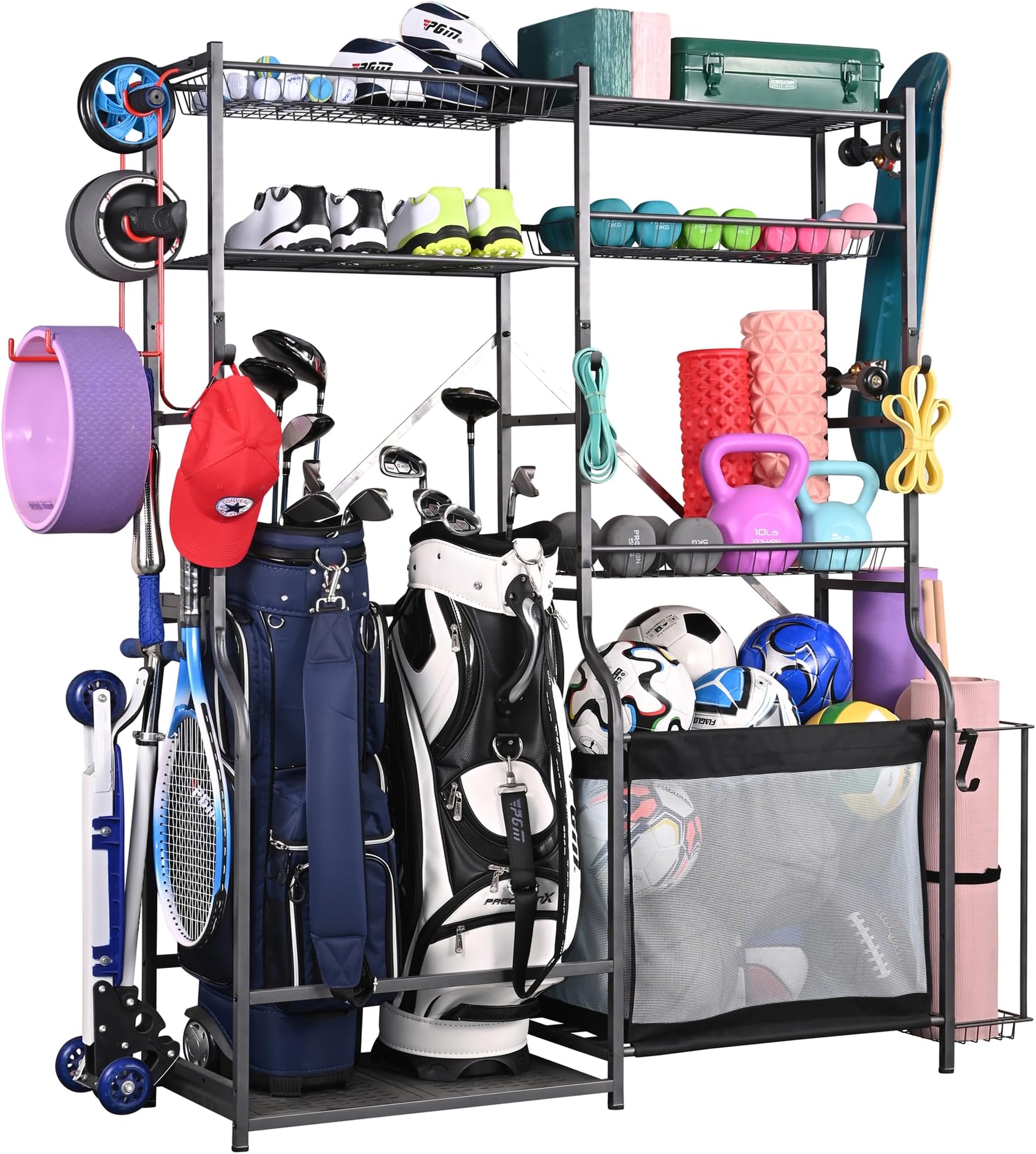 PLKOW Golf Storage Ball Rack Garage Organizer, 2 Golf Bag Organizer and Other Sports Equipment Organizer for Garage, Extra Large Size Sports Storage Rack for Garage