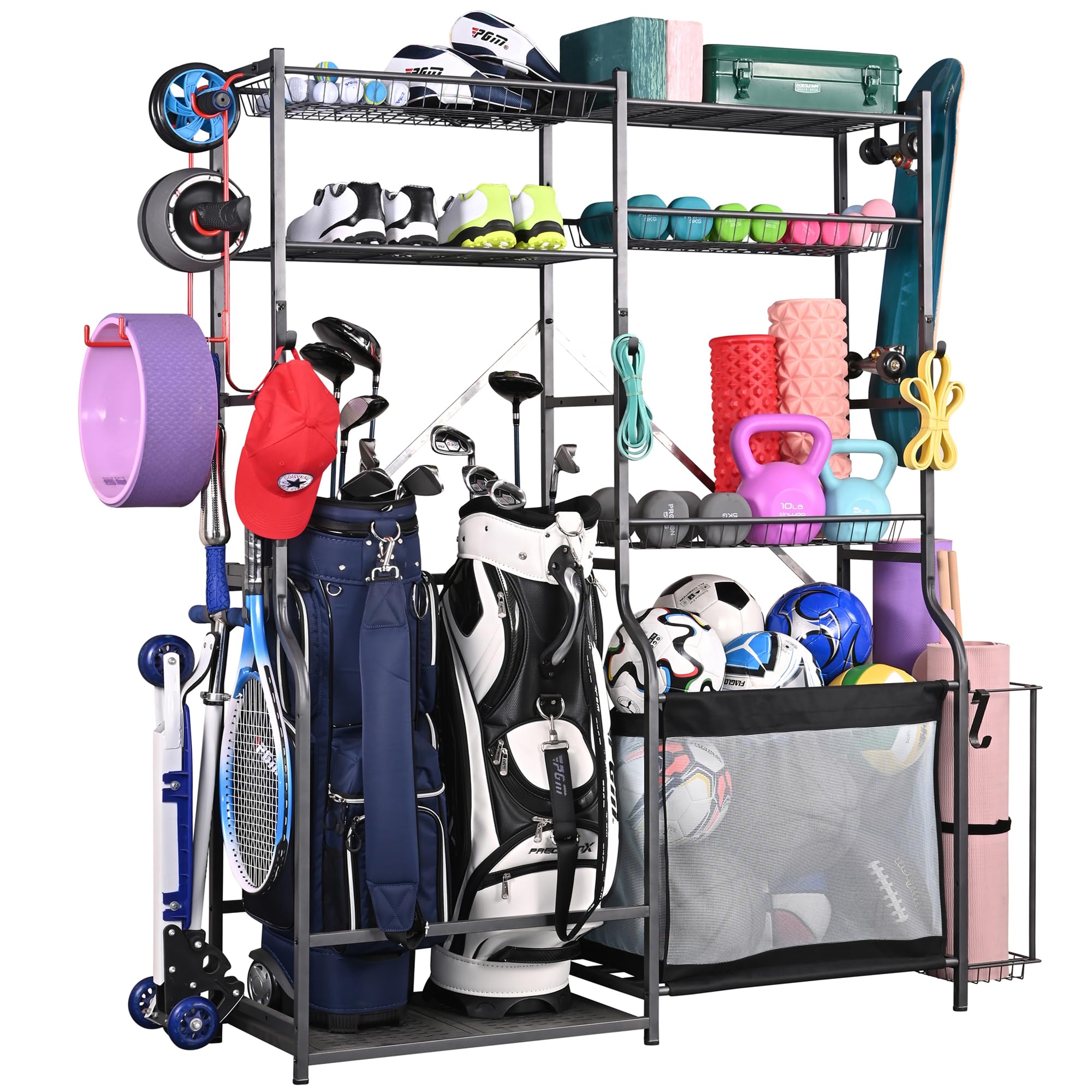 PLKOWGolf Storage Ball Rack Garage Organizer, 2 Golf Bag Organizer and Other Sports Equipment Organizer for Garage, Extra Large Size Sports Storage Rack for Garage