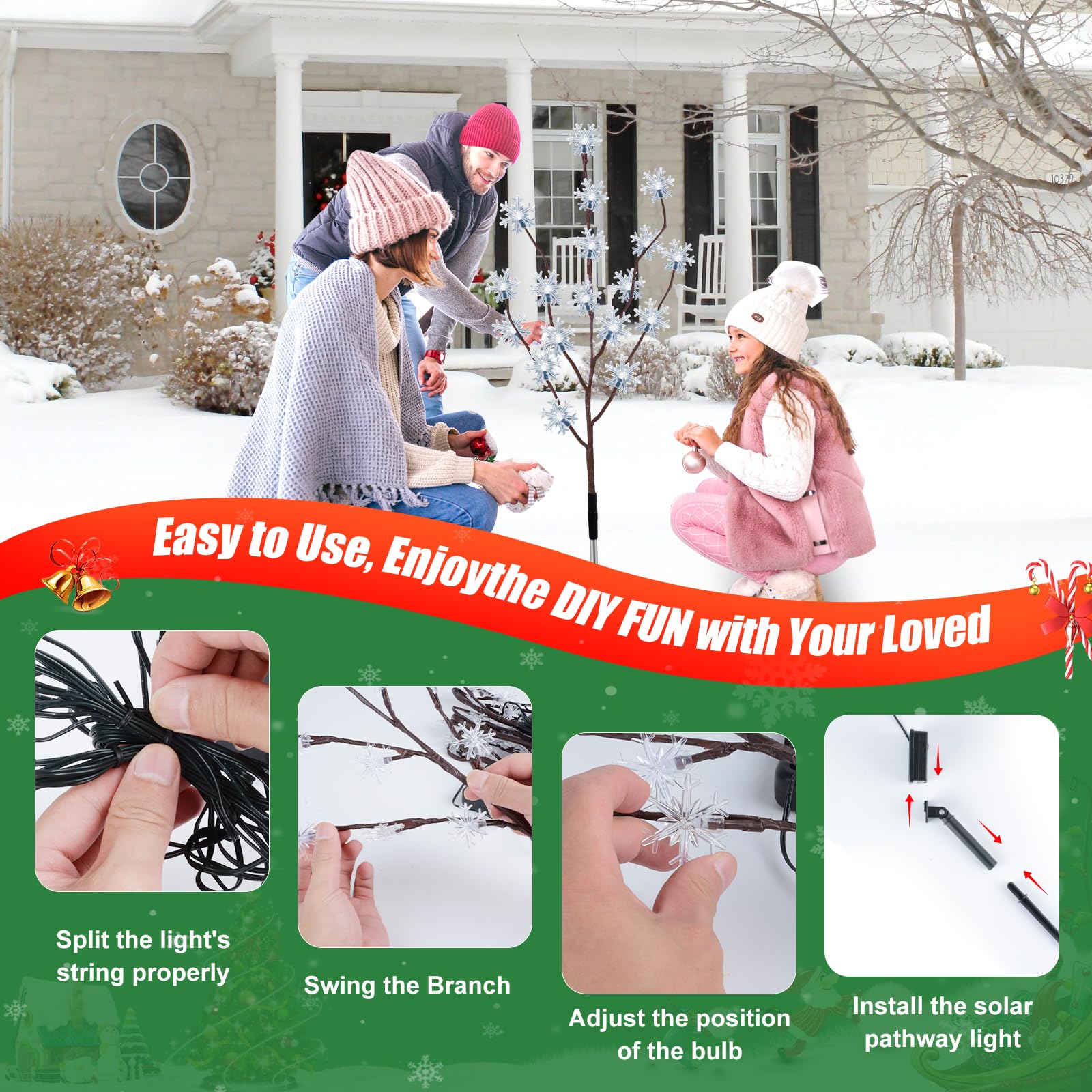 Fohil Luci solari da esterno per giardino, fiocchi di neve, rami, confezione da 4, 80 LED, luci da percorso natalizie, impermeabili, 8 modalità, decorazioni da giardino