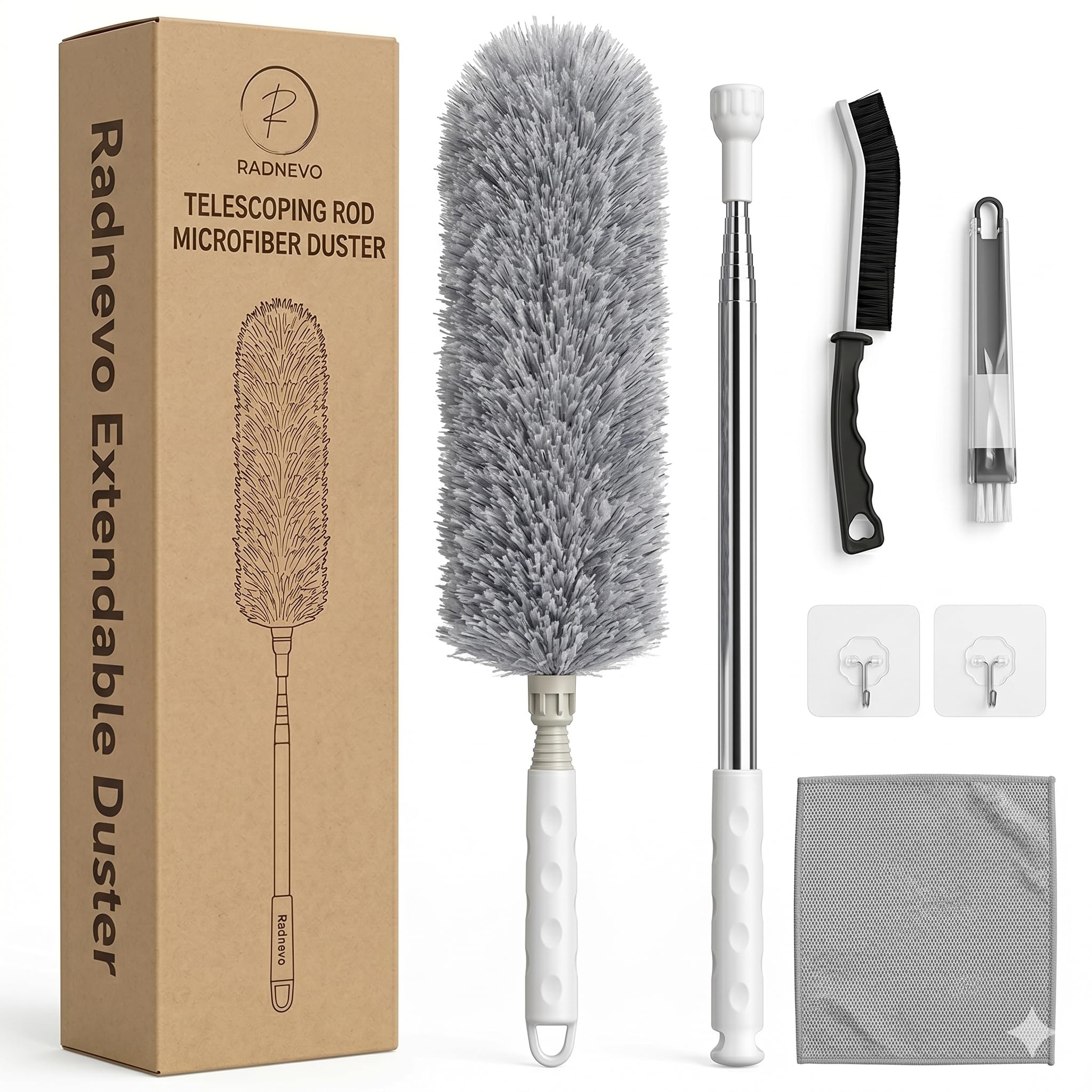 Radnevo White And Grey Extendable Feather Duster For Cleaning, 100" Extra-Long Telescopic Pole, Bendable Microfiber Head, Cobweb Brush, Long Handled Duster For High Ceilings, Furniture, And Crevice Cleaning