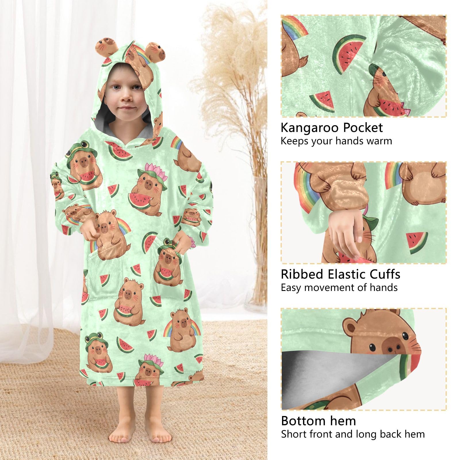 Capybara - Manta con capucha para niños, diseño de sandía, bata de franela suave con orejas y bolsillos, ropa de dormir cálida para niños y niñas
