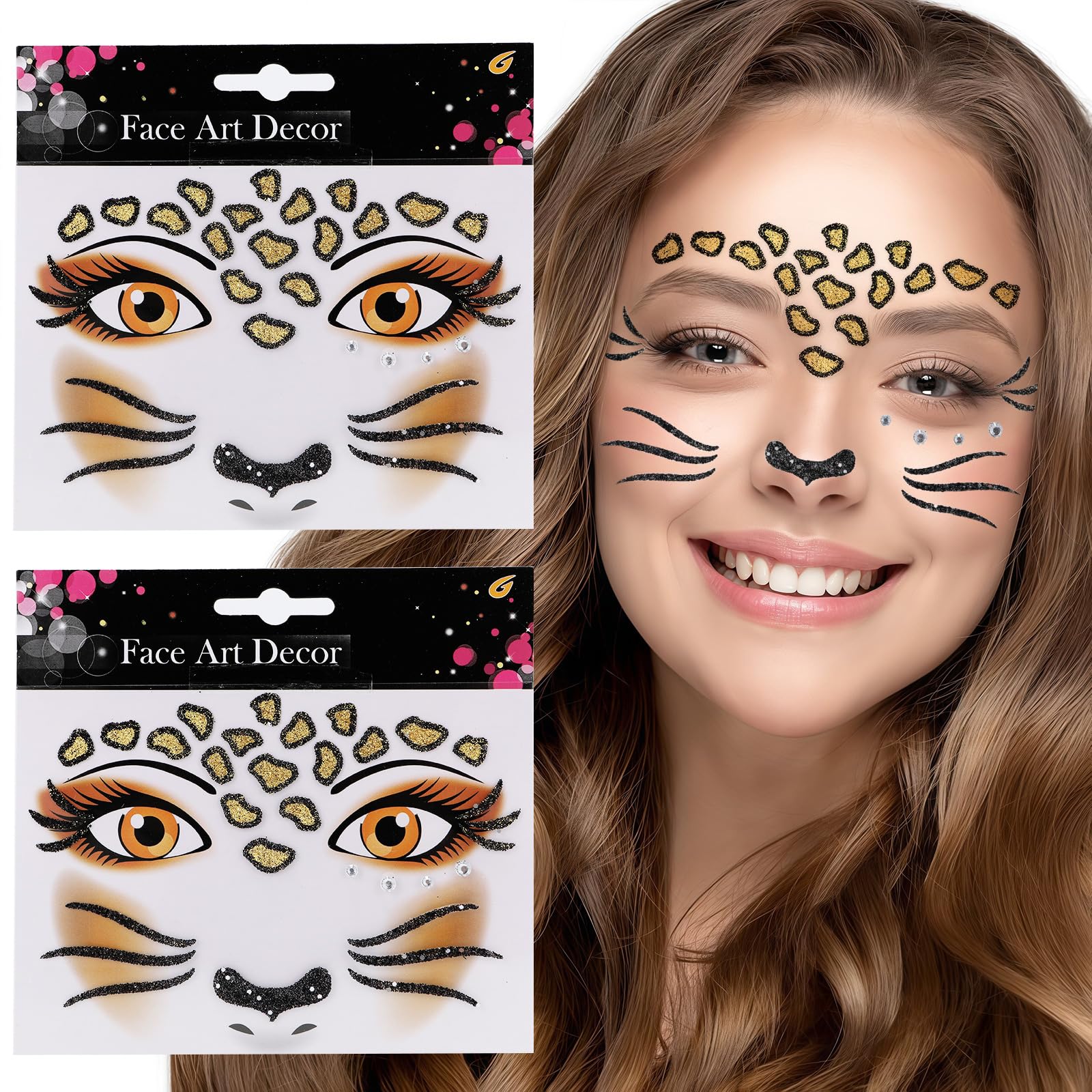 2 Stück Face Art Aticker, Halloween Tattoo Gesicht Karneval, Temporäre Gesichtstattoo, Glitzer Gesicht Aufkleber, Temporäres Tattoo für Halloween, Karneval, Fasching, Maskerade, Motto Partys (B)