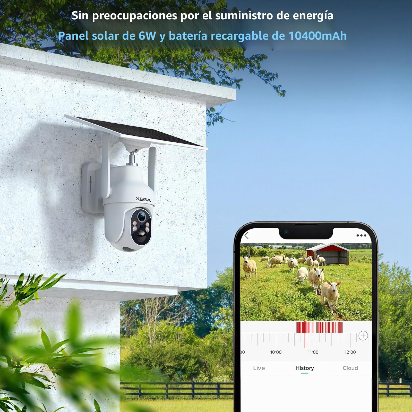 Xega 4G LTE Camara Solar con Tarjeta SIM,2K HD PTZ Camara Exterior sin WiFi | Panel Solar 6W Baterías 10400mAh, Foco y Sirena Visión Nocturna en Color PIR Detección Humana Almacenamiento TF/Cloud IP66
