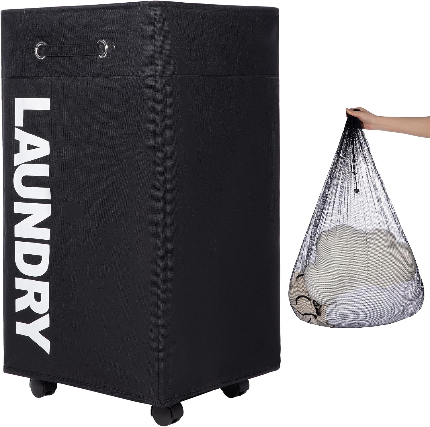 TWIRA 27" XX-Large laundry basket with Removable Wash Bag on Wheels (4 Colors), Collapsible Slim Laundry Hamper,Foldable Corner Storage Bins (Black,XXL)
