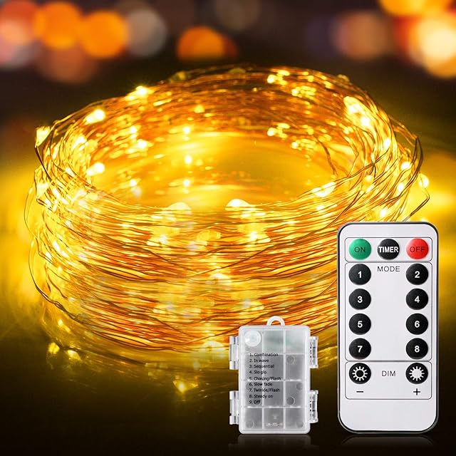 Fairy Lights, 12M 120 LED String Lights with Timer and Remote, Battery Fairy Lights for Bedroom and Indoor, Copper Christmas String Lights for Party, Wedding, Decorations, Outdoor (Warm White)