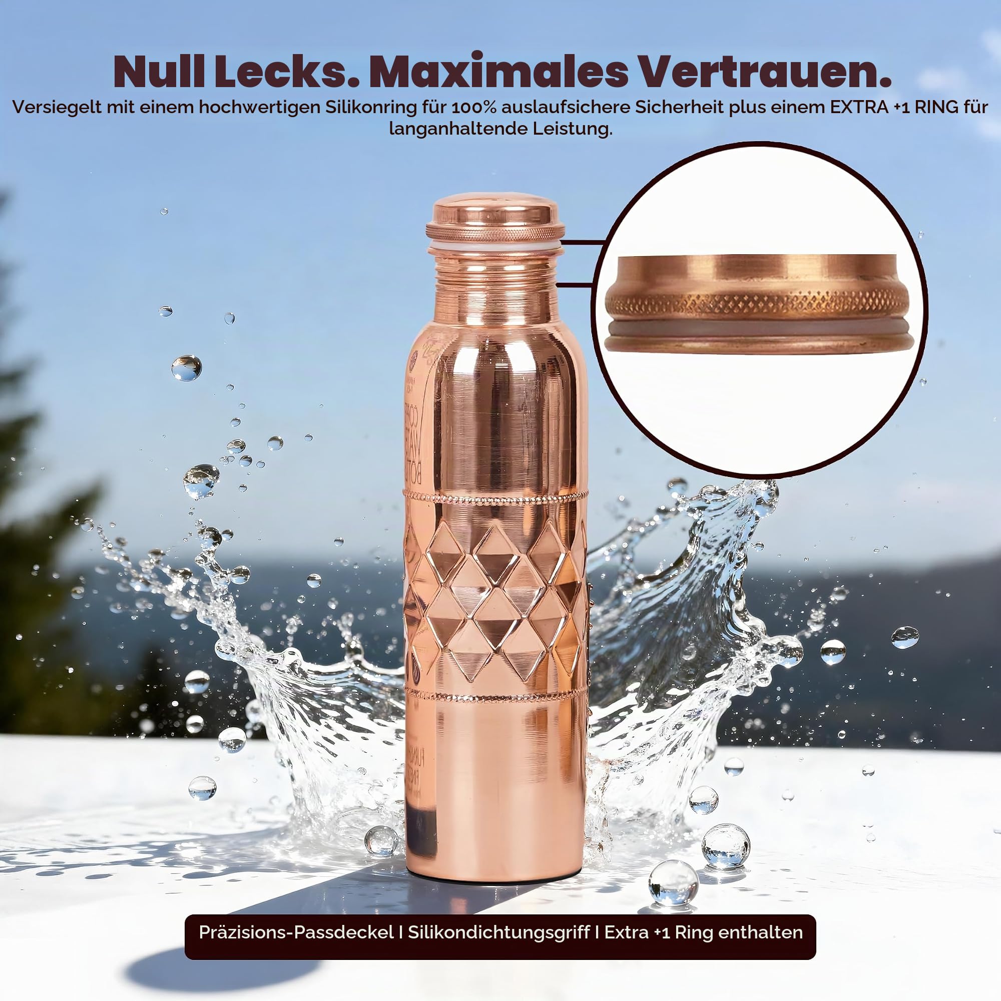 Wasserflasche aus natürlichem Kupfer, ca. 1 Liter (34 oz) – Ayurvedische Flasche aus reinem Kupfer für Fitnessstudio, Büro, Wandern und Outdoor-Aktivitäten – 2 Stück