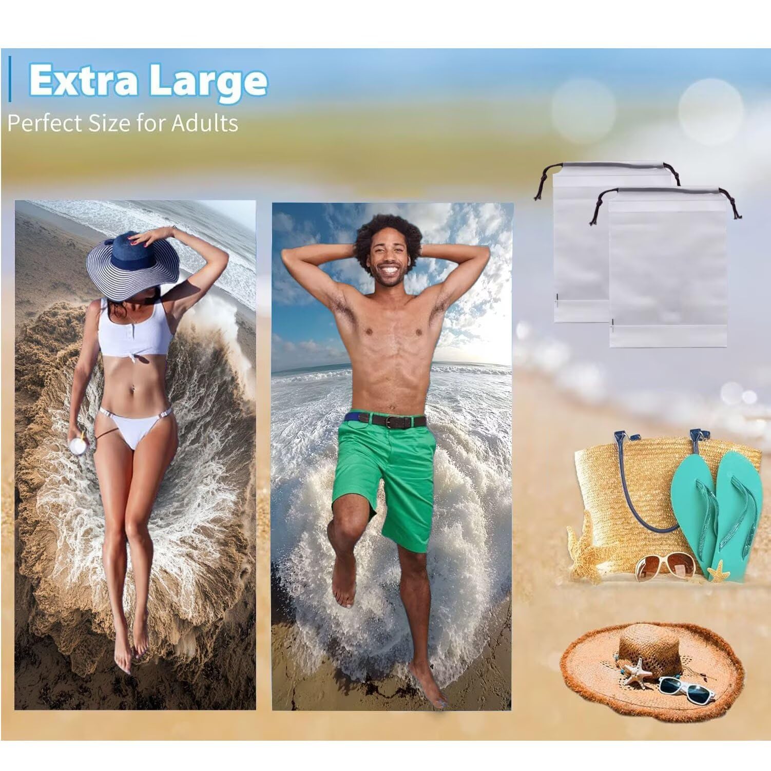 Telo Mare Microfibra Grande - 100 x 200 cm Telo Mare 2 Pezzi, Antisabbia, Asciugatura Rapida, Ultra Assorbente, Estate Spiaggia Asciugamani Bagno Asciugamano Microfibra, Donna Regali (ondate) m-336