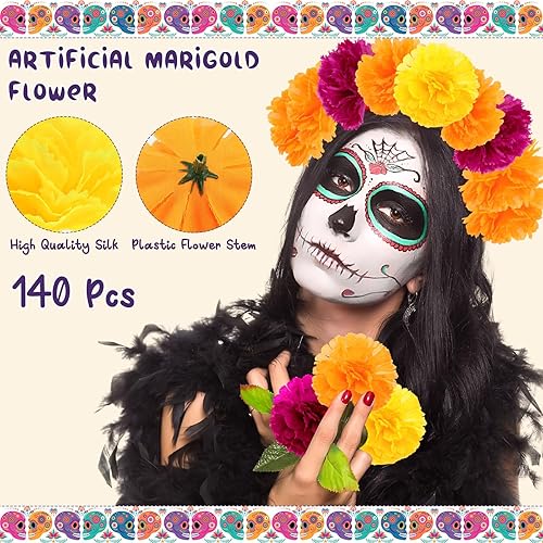 Miniatura 3 de WILLBOND 140 flores de caléndula artificiales mexicanas con cabeza de caléndula para decoración del Día de los Muertos para decoración india Diwali,