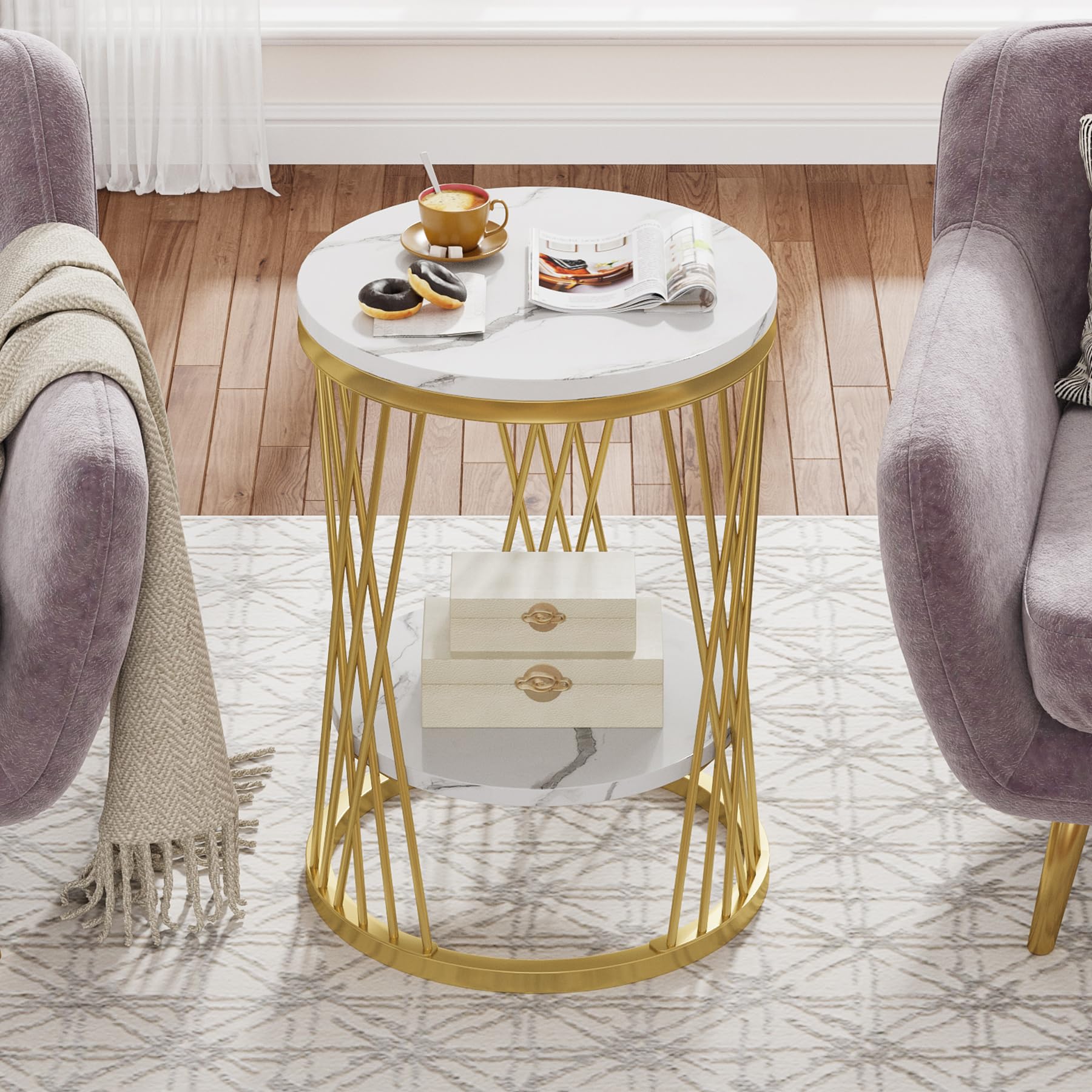 Tribesigns Set di 2 tavolini rotondi in oro bianco con ripiani in finto marmo, comodino a 2 ripiani, tavolino sottile per caffè, snack, divano, camera da letto, soggiorno (2 pezzi)
