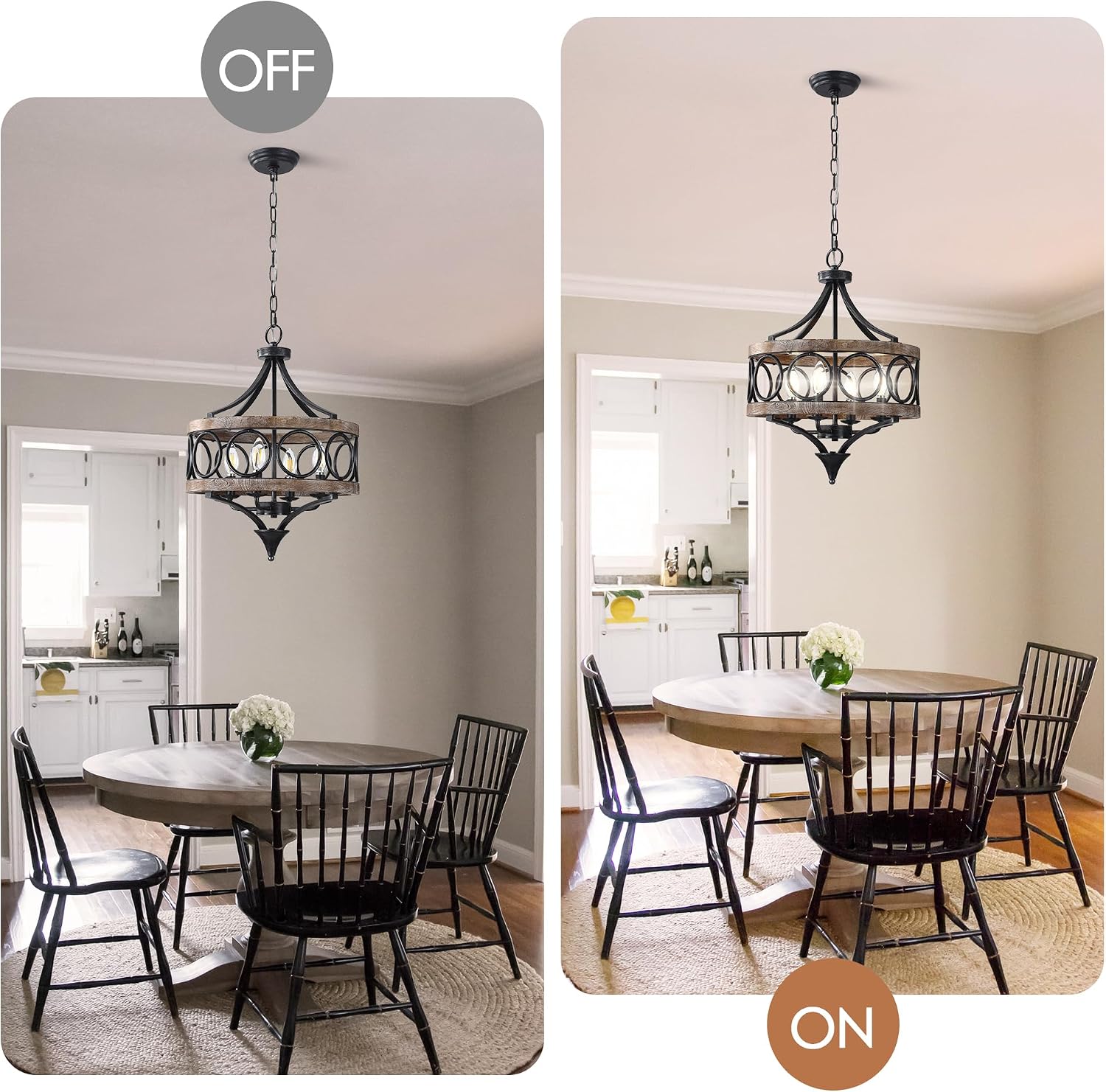 15.7" Farmhouse Chandelier for Dining Room 4-Lights Black Rustic Chandelier Over Table Industrial Drum Pendant Ceiling Light Fixtures, 70" Adjustable Height for Entryway Foyer Kitchen Island