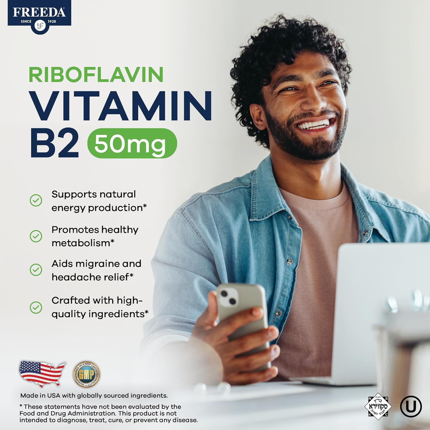 FREEDA Riboflavin Vitamin B2 Tablets – 50mg – Optimized Dose for Energy & Nervous System Support – Kosher, Vegan, GF B2 Vitamins Supplement – VIT B 2 for Brain & Metabolism (100 Ct) - Image 2