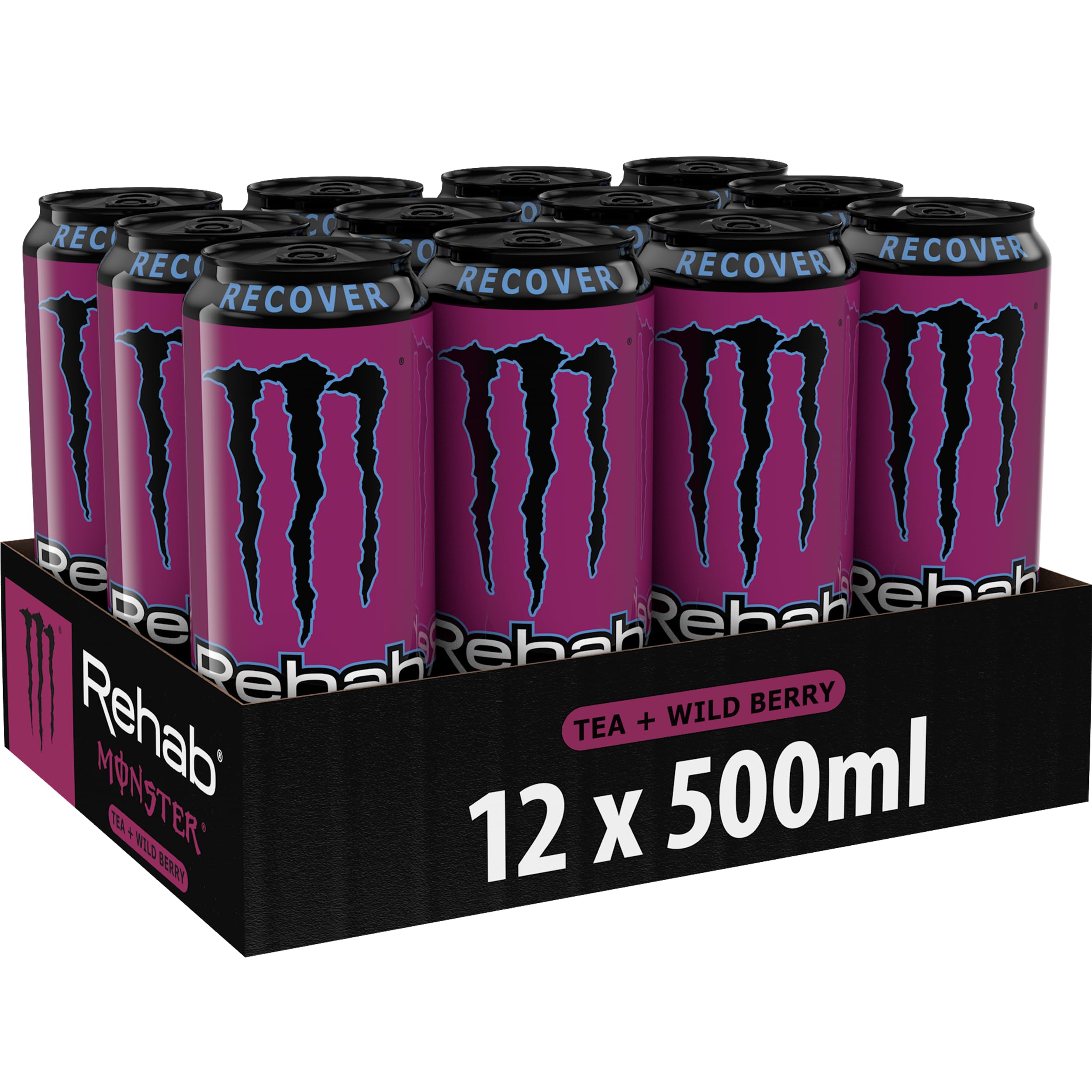 Monster Energy Rehab Wild Berry - koffeinhaltiger Energy-Drink ohne Kohlensäure mit Beeren-Eistee-Geschmack und Elektrolyten - full Flavour, full Sugar, kalorienarm - in Einweg Dosen (12 x 500ml)