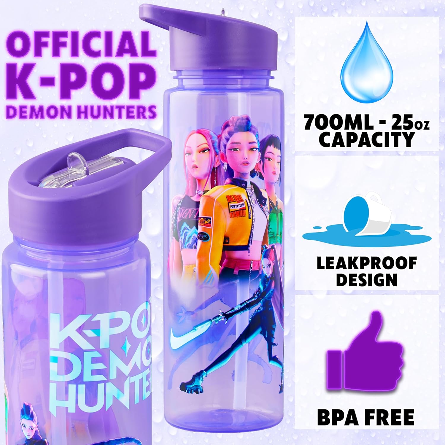 KPop Demon Hunters Officially Licensed Huntrix Water Bottle for Girls, 25oz Leak Proof with Straw Lid, Gifts for Girls