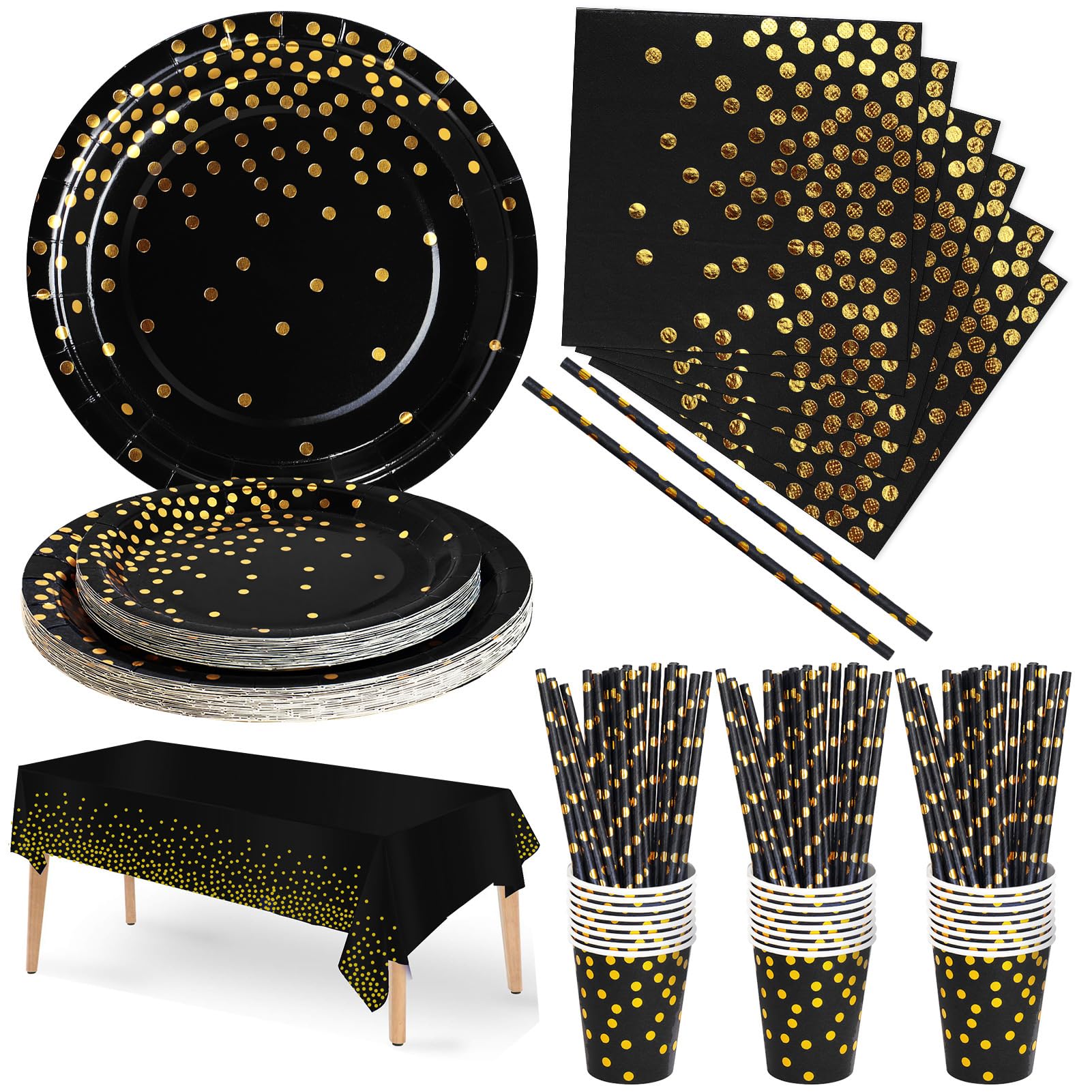 Nkaiso 126 Pcs Black Gold Party Plates Cups and Napkins Set for 25 Guests