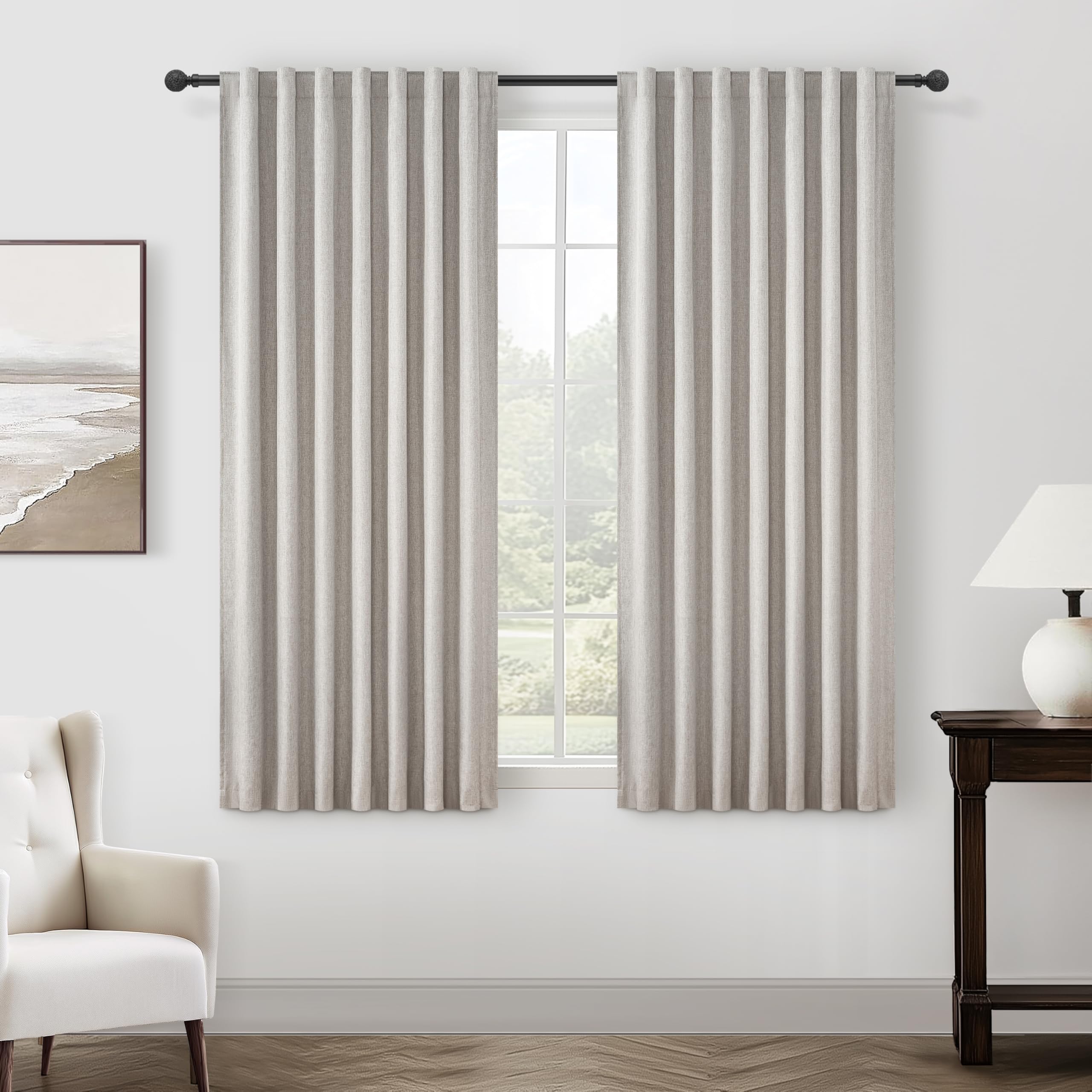 Natural Melange Short Small Window Room Darkening Curtains 54 Inches Long for Bedroom/Basement, Boho Linen Thermal&Soundproof Blackout Curtain Back Tab Pleated Hooks Light Brown (50"Wx54L 2 Panels) โ image 1