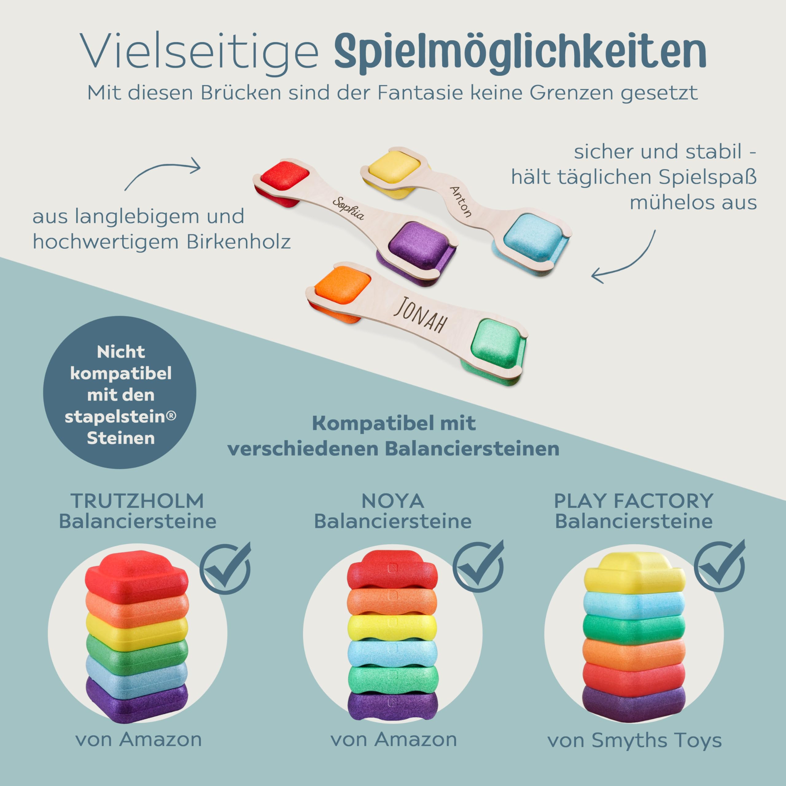 personalisierbare Abenteuerbrücke für Amazon & Smyths Balanciersteine, Brett, Balancierbrett, Geschicklichkeit Training für Kinder für Sport und Freizeit mit deinem Namen