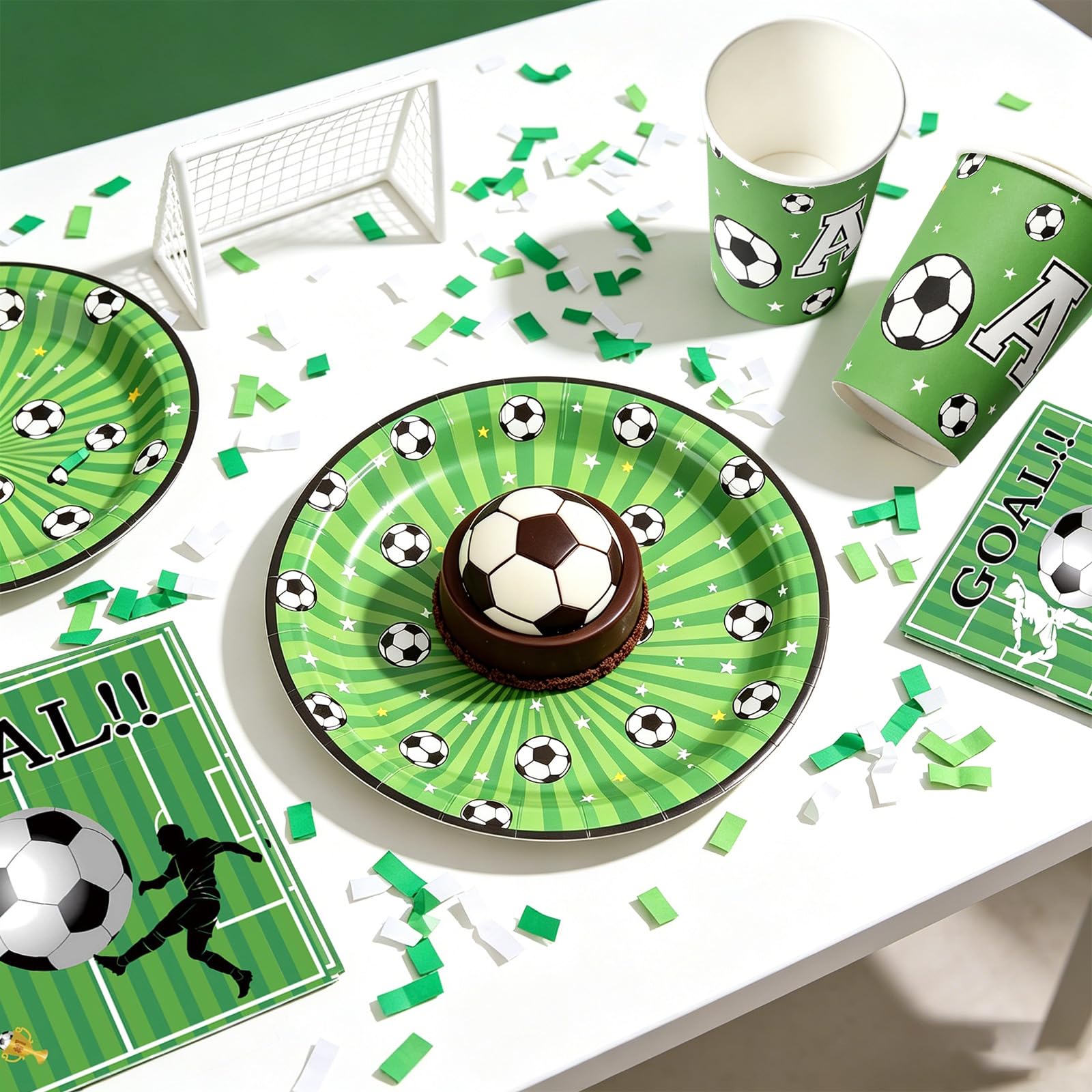 Eymobad Set da 50 pezzi di stoviglie per festa di calcio, piatti verdi calcio, piatti,bicchieri,tovaglioli di carta, stoviglie deco compleanno per ragazze e ragazzi