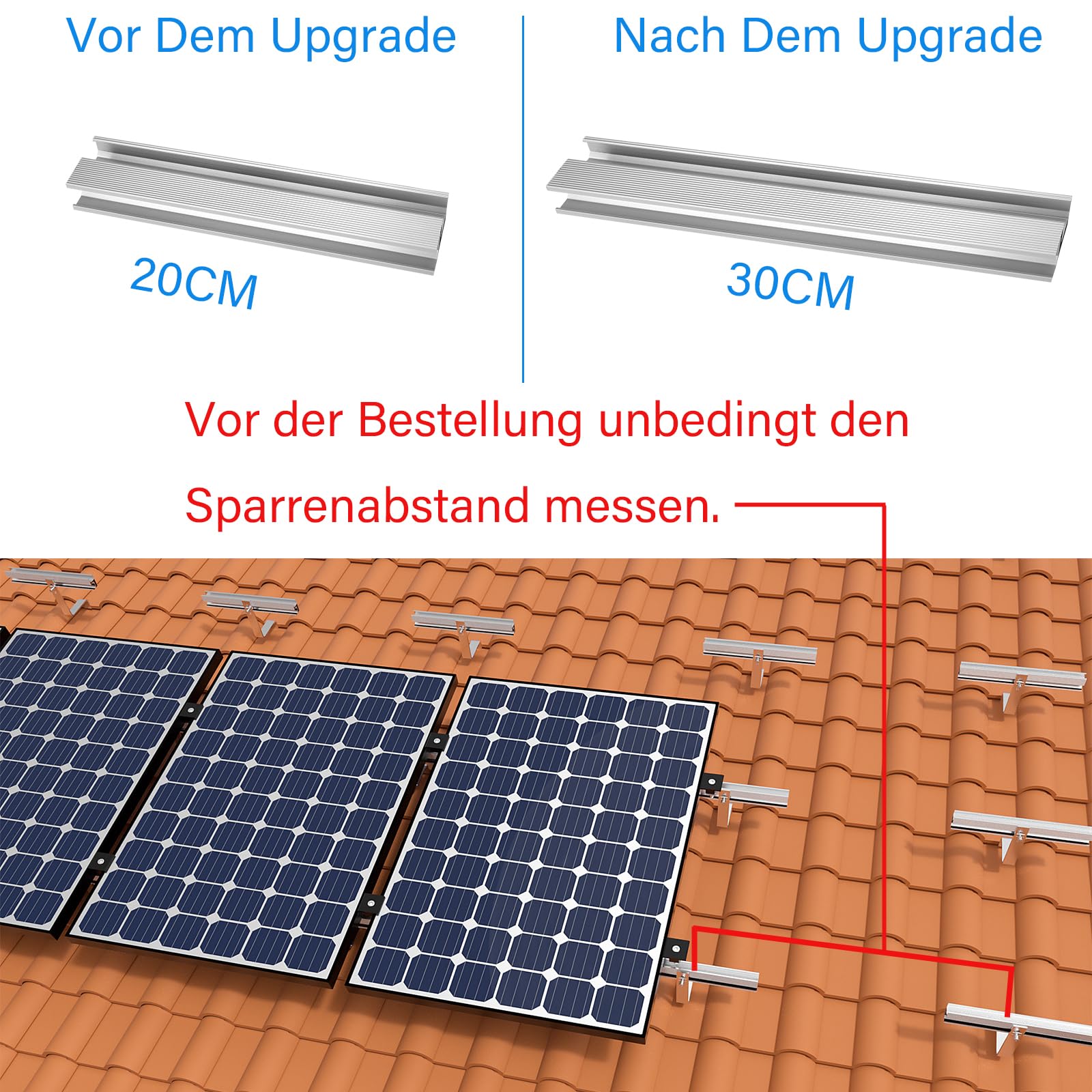TEOV PV Montageset Ziegeldach Glasziegeldach, Befestigung Solarmodul Halterung mit 30cm Montageschiene und Dachhaken, Solarpanel Halterung mit Endklemme Und Mittelklemme, für 30~35mm 2 Solarmodule