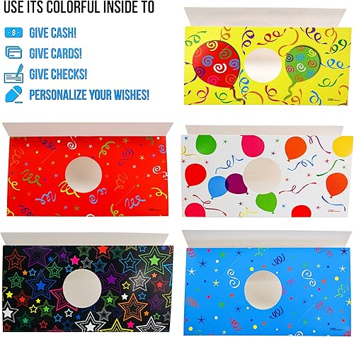 Miniatura 4 de Iconikal Paquete de 24 soportes para dinero para tarjetas de regalo con sobres, 6 diseños de feliz cumpleaños, 6.75 x 3.25 pulgadas, soporte triple