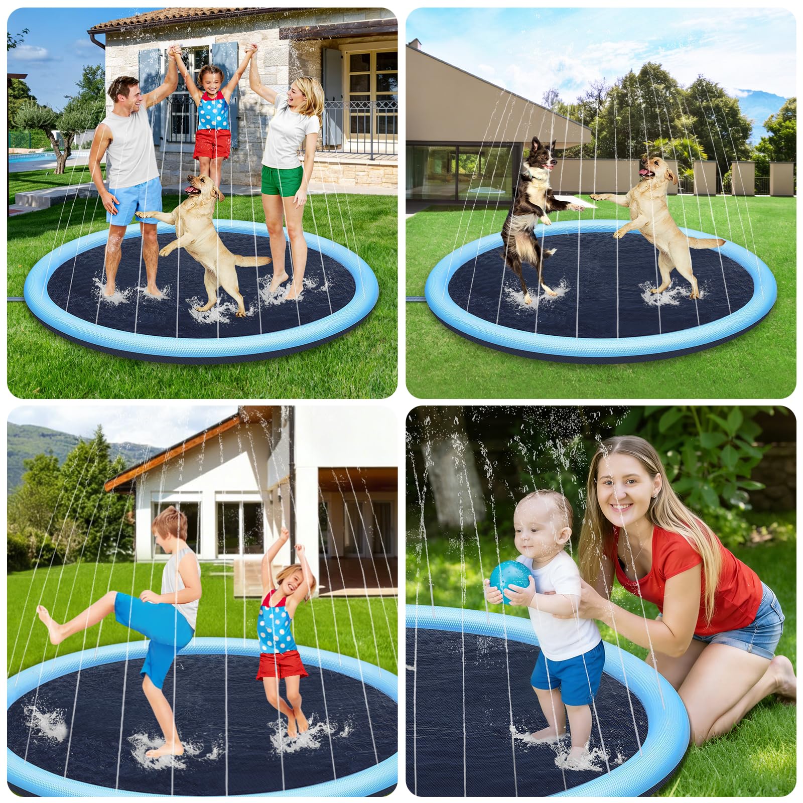 Tapis de Jet d’Eau 200CM pour Enfants et Chien, Tapis Arroseur Antidérapant en PVC Écologique, Splash Pad Jeu d’Eau Extérieur Jardin Été avec Adaptateur (Bleu)