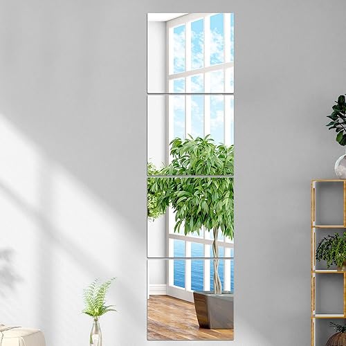 pentaQ Full Length Mirror Tiles 4 Pack, 11.8x11.8 Inches, High Definition Wall Mirrors, Real Glass Wall-Mounted Mirrors