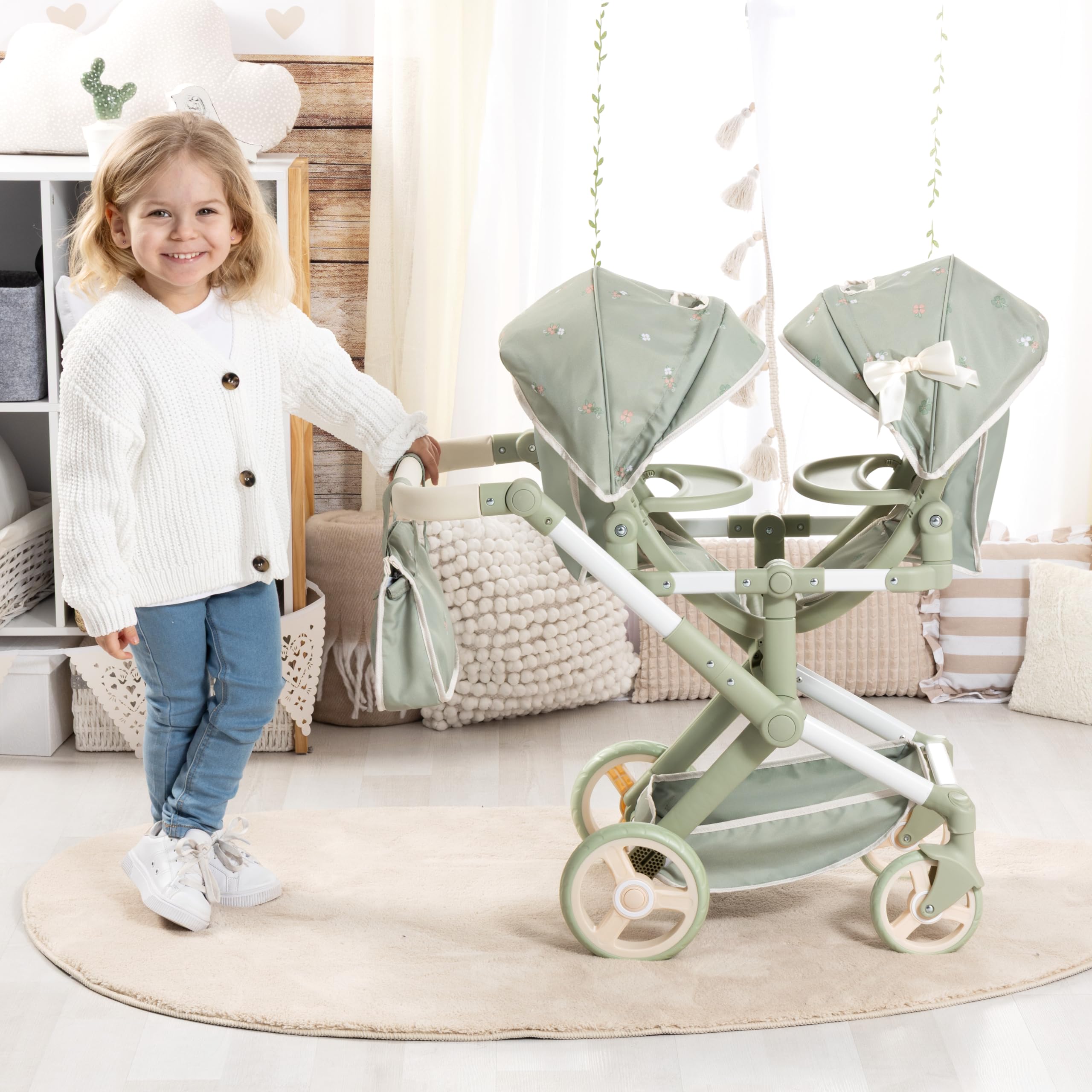Bayer Design Landau Jumeaux pour Poupée Twin Xeo avec Sac | poussette double, réglable en hauteur, poignée pivotante, roues avant mobiles, panier intégré, sac à bandoulière