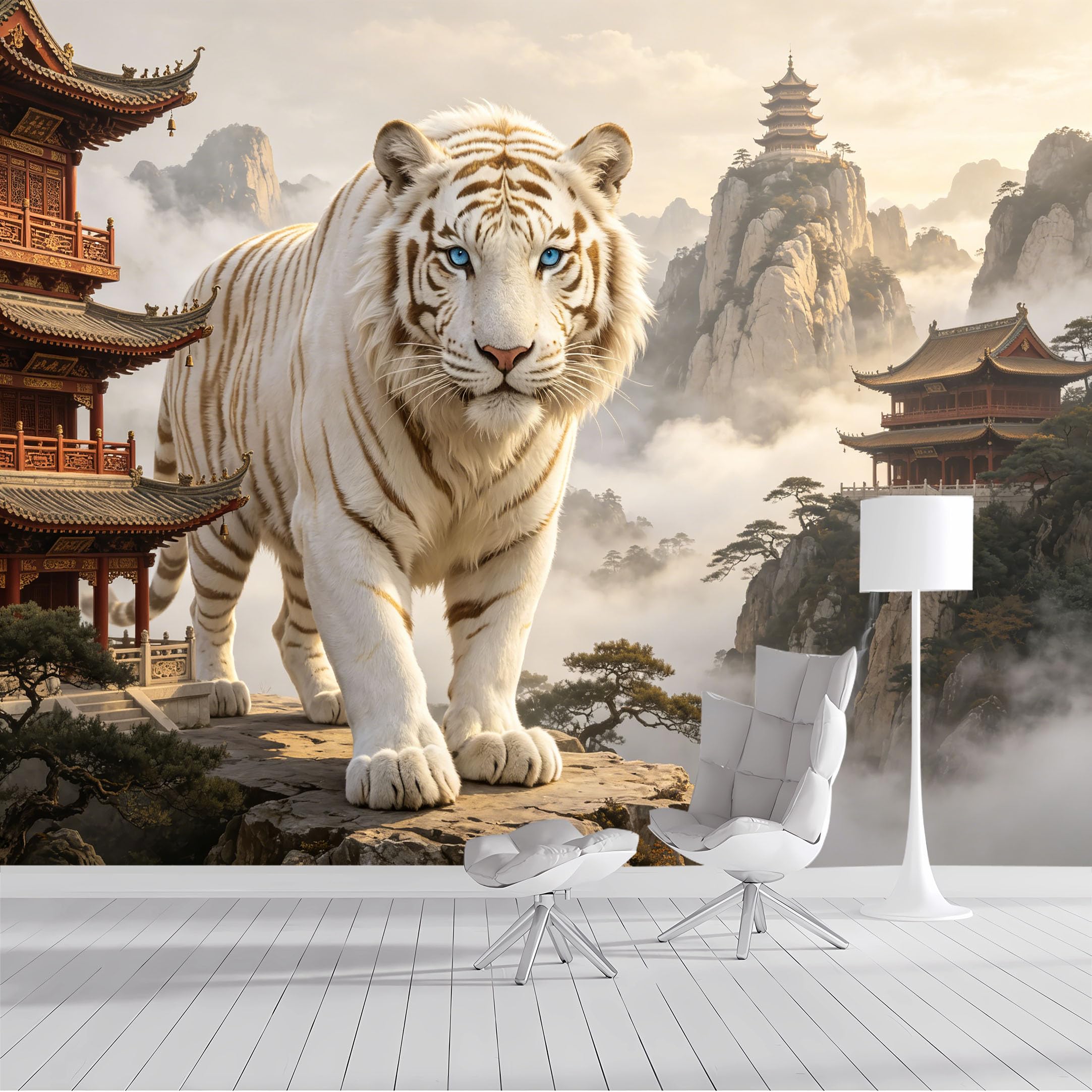 Custom Size Wall Mural White Tiger Oriental Mountain Temple Mist Landscape Art Deco SelfAdhesive Wall Fabric Removable Peel and Stick Wallpaper Wall Decor for Living Room Bedroom Bathroom