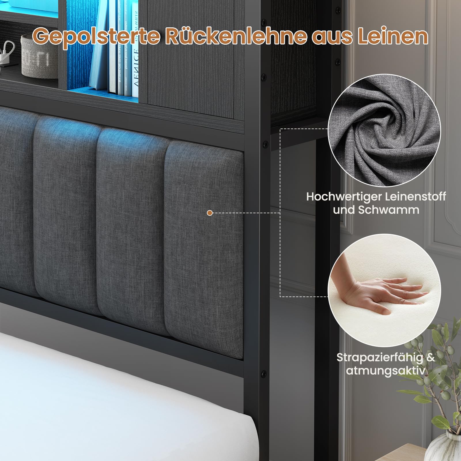 AOGLLATI Bett 140x200 mit Hydraulischem Stauraum & Kopfteil Stauraum Polsterbett Jugendbett mit LED Beleuchtung und Ladestation Doppelbett Bettgestell mit Lattenrost aus Holz(Schwarz, 140x200cm)