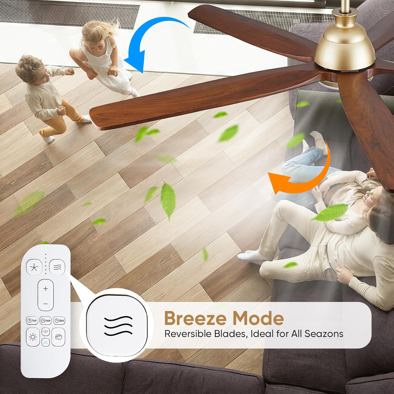 52 Inch Gold Wood Ceiling Fans with Lights and Remote, Modern Farmhouse Ceiling Fan with Large Airflow, 6 Speed, 3CCT Dimmable, Noiseless Reversible DC Motor for Bedroom Indoor Outdoor Patio