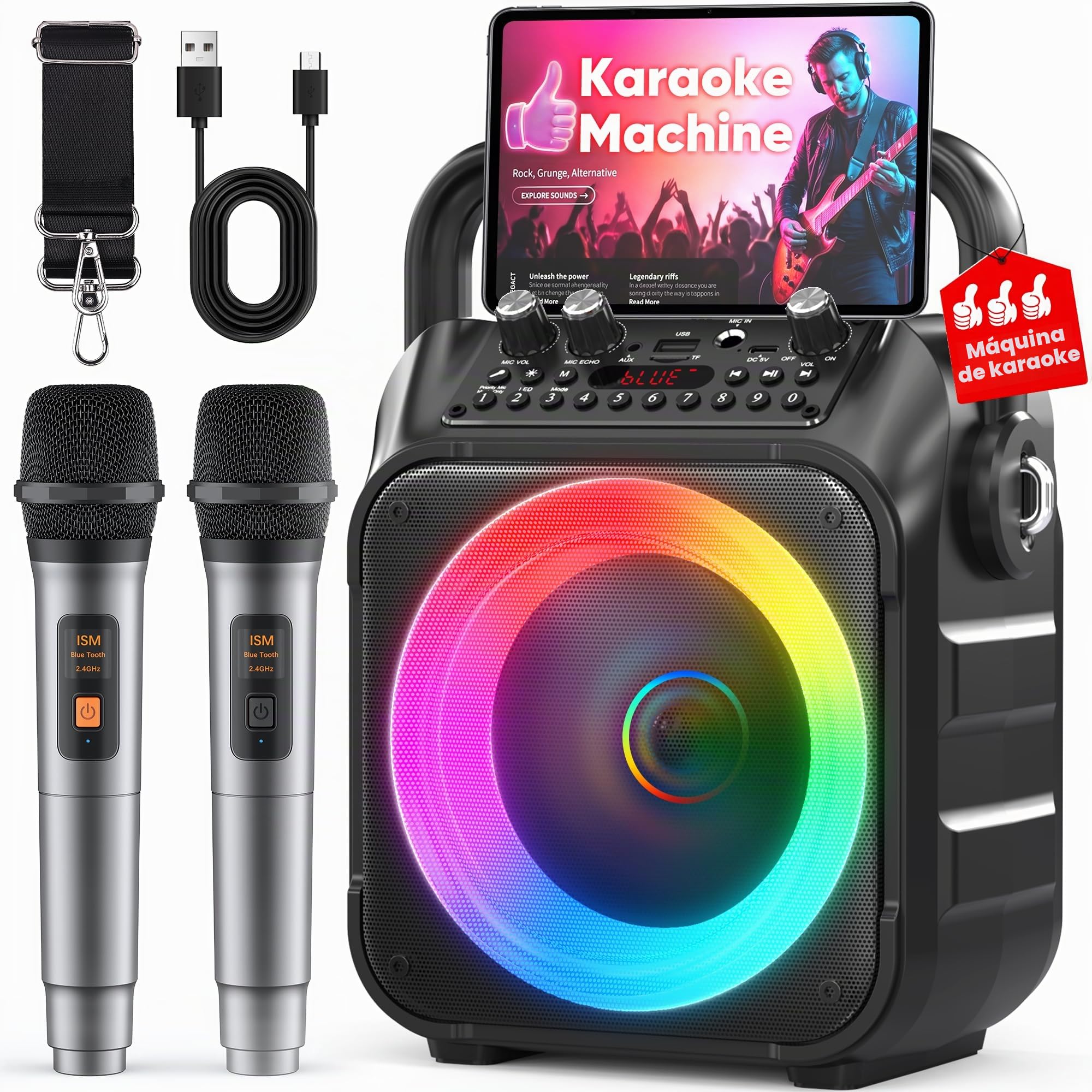 Máquina de Karaoke Singingmate con 2 micrófonos inalámbricos: Altavoz Bluetooth portátil, Multicolor, con conexión USB y AUX, para Adultos y niños, Fiestas y hogar
