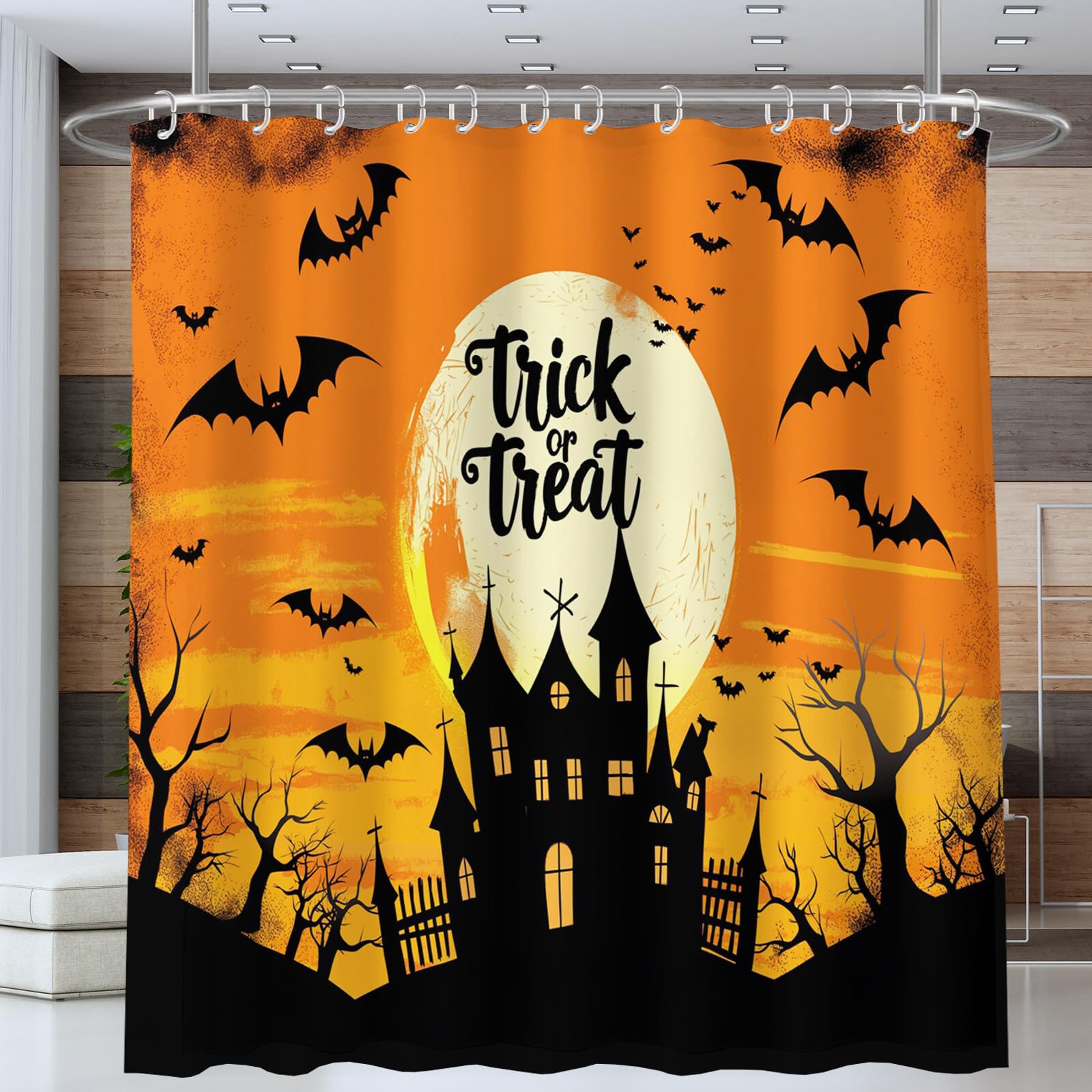 Duschvorhang Halloween Fledermausburg Cartoon-Illustrationen Duschvorhänge H240Xb200Cm | Anti-Schimmel Wasserdicht Polyester Stoff Waschbar Bad Vorhäng Für Badzimmer Mit Haken