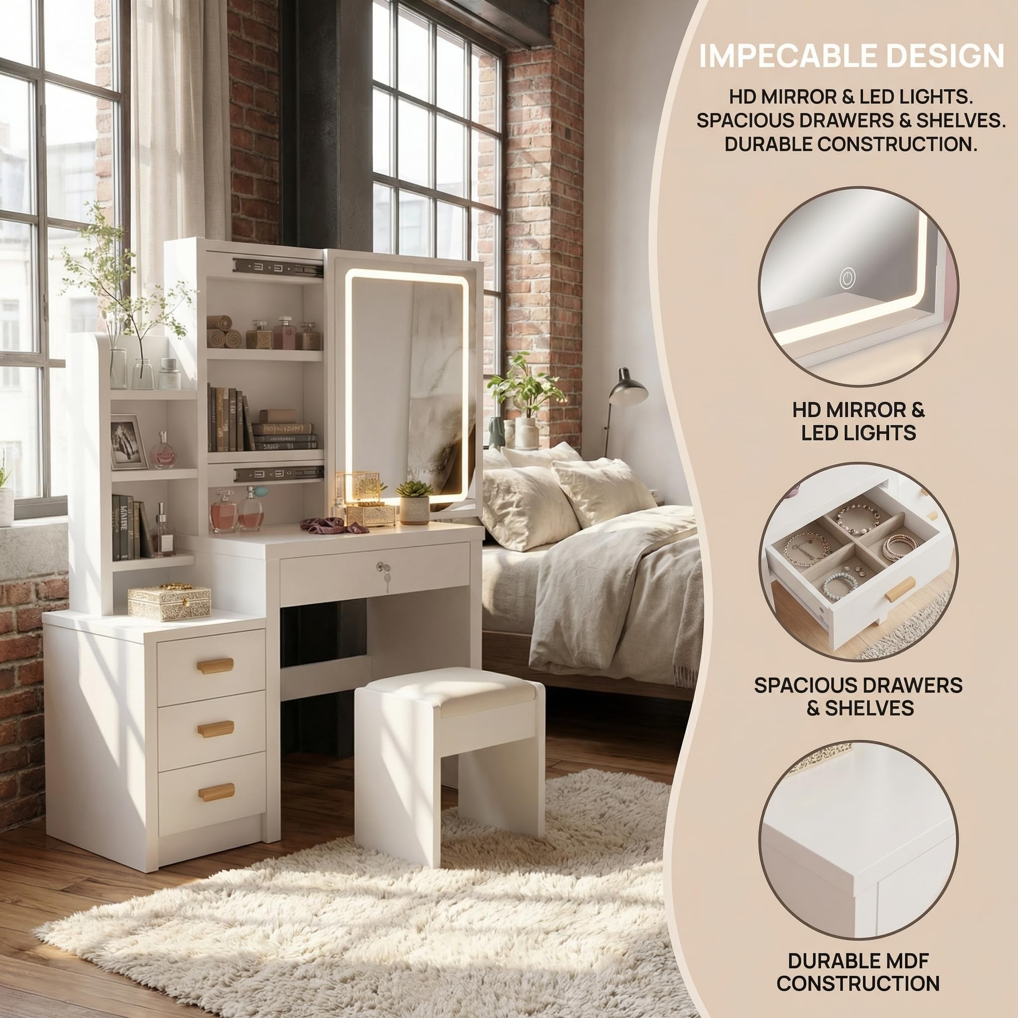 Coiffeuse avec éclairage LED, Miroir et luminosité réglable, Coiffeuse avec Tabouret, 4 tiroirs et 7 étagères, Coiffeuse Moderne, en Bois, Blanche 135 * 80 * 36cm