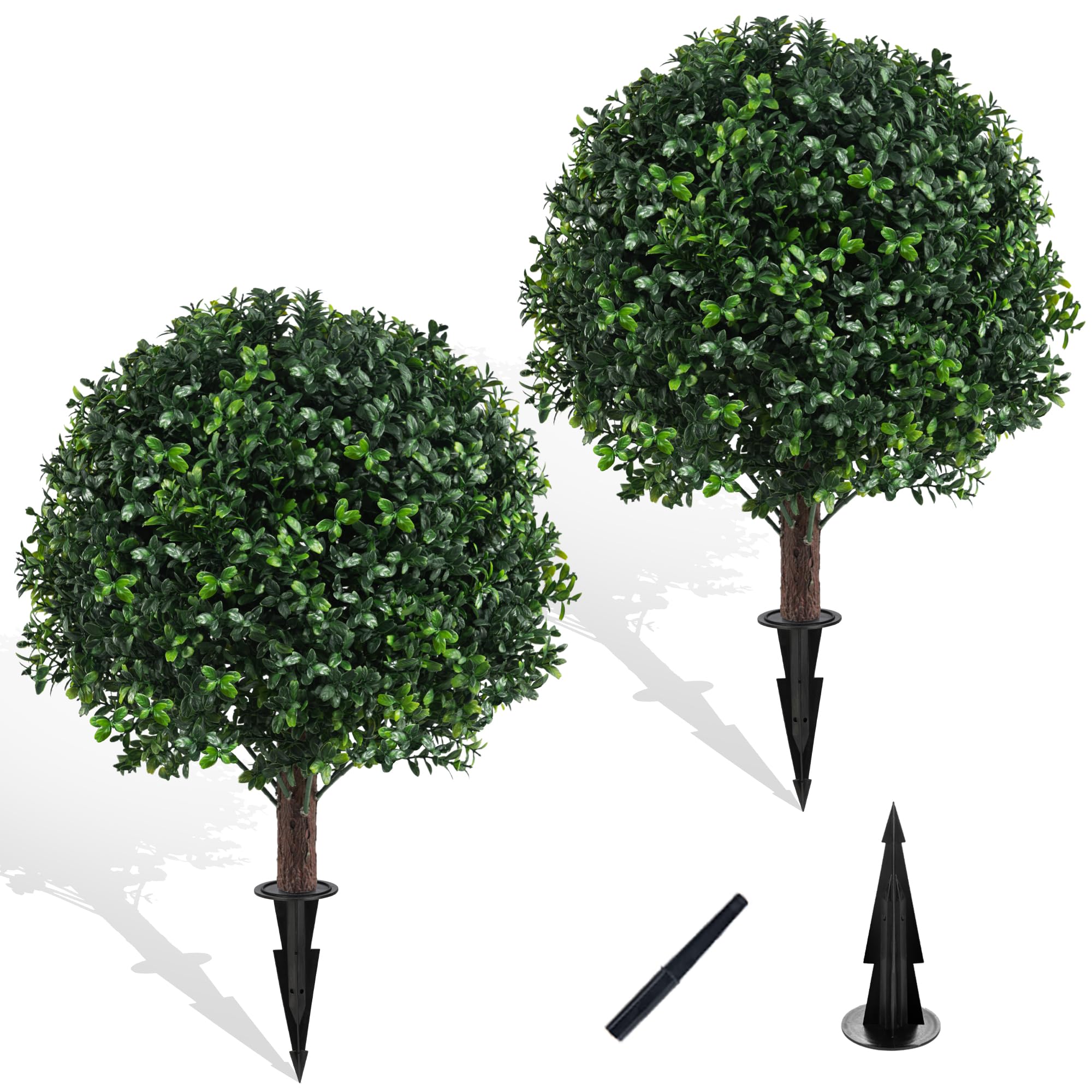Artificial Boxwood Topiary Ball Bush for Outdoor with Spike, Set of 2 UV Resistant Faux Boxwood Ball Tree with Stake, Weatherproof Fake Round Topiary Shrub Plant for Front Porch Planter