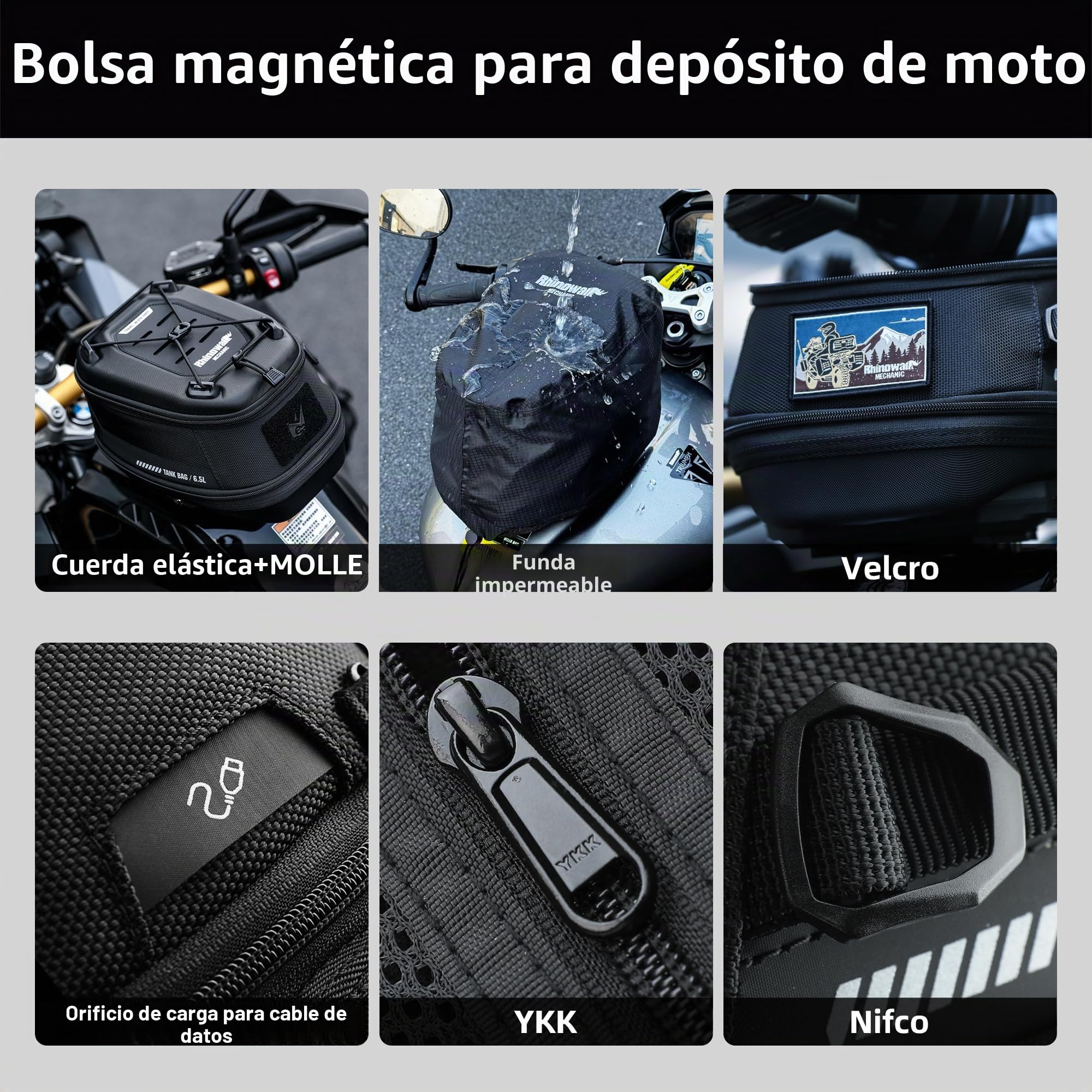 Rhinowalk Bolsa magnética de Tanque de Motocicleta Quick Release 5-6.5L Capacidad Ampliable Bolso de Tanque de Motocicleta con protección contra la Lluvia