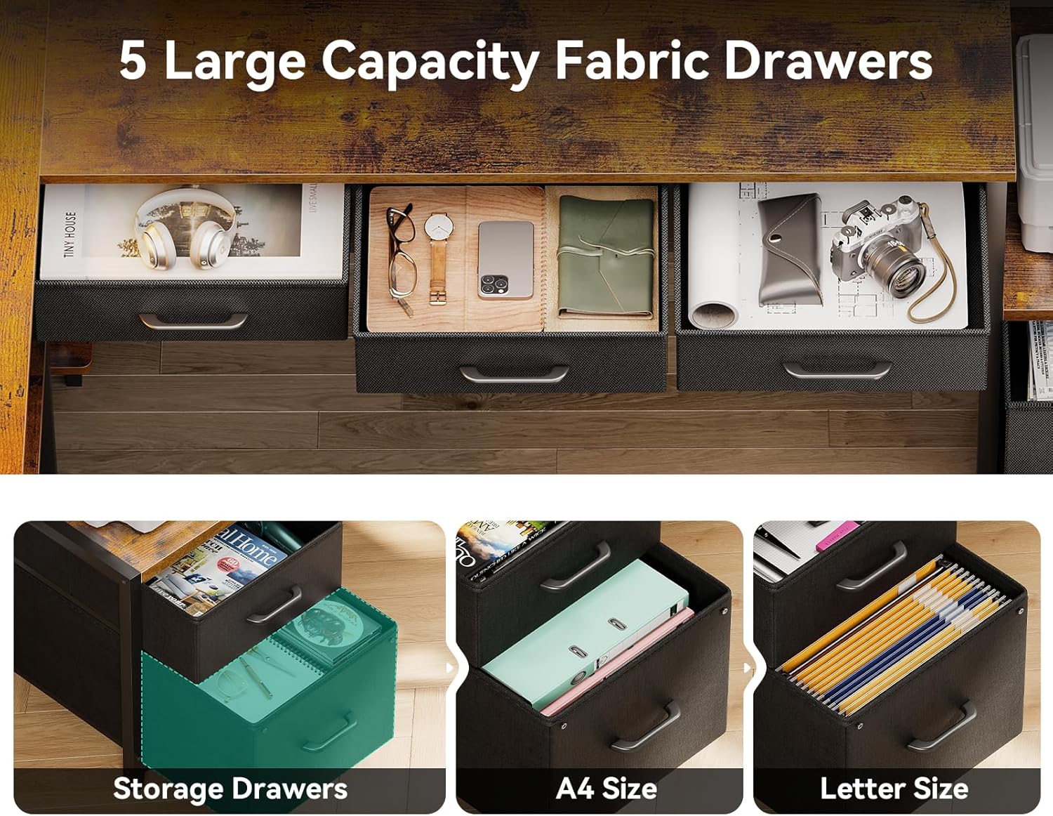 AODK 79 inch L Shaped Desk with 5 Drawers, Reversible L Shaped Gaming Desk with LED Light & 2 Power Outlets, Computer Desk with Storage Shelves for Home Office, Vintage Vintage 79 inch