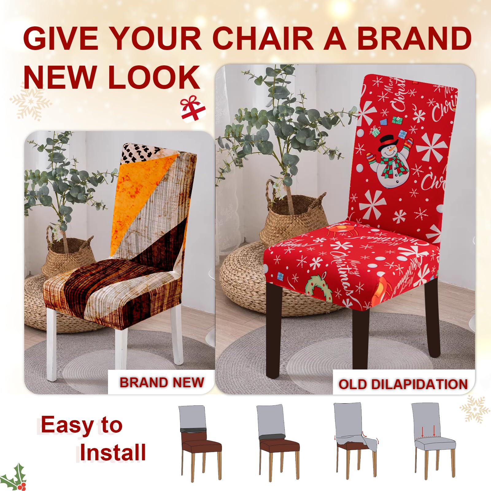 FIGOOO Coprisedie Natalizie con Schienale 6 Pezzi Xmas Coprisedia per Sala da Pranzo Spandex Fodera per Sedia da Cucina Coprisedia Decorativo Natalizio(Fiocchi di Neve,6pcs)