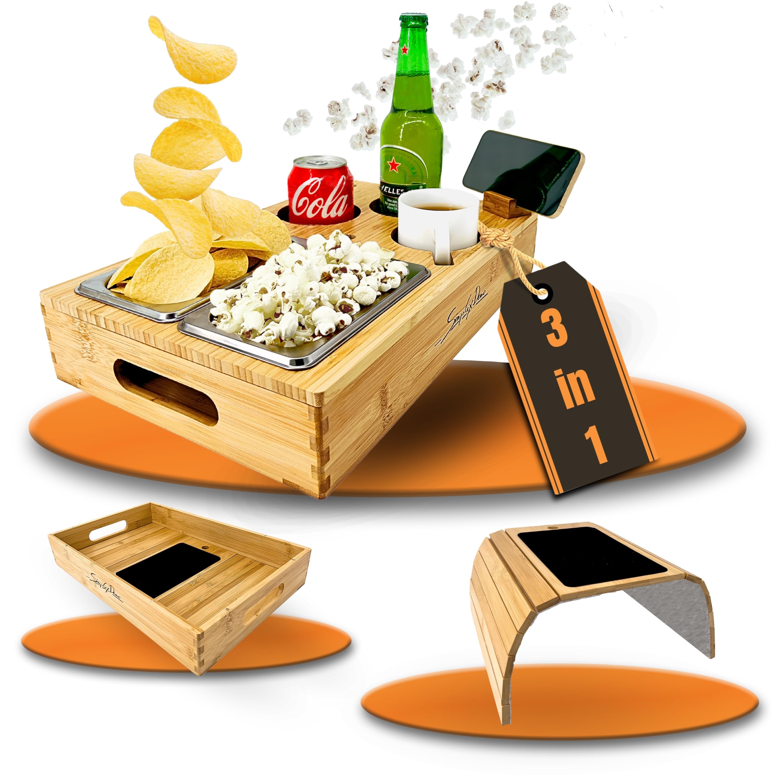 Couchbar Snackbox mit anpassbarer Couch Ablage für 2 Personen - Sofa Snackbar Organizer aus Bambus - Couchtablett mit Getränkehalter & Edelstahl Snackschalen - Sofatablett für Snacks & Getränke