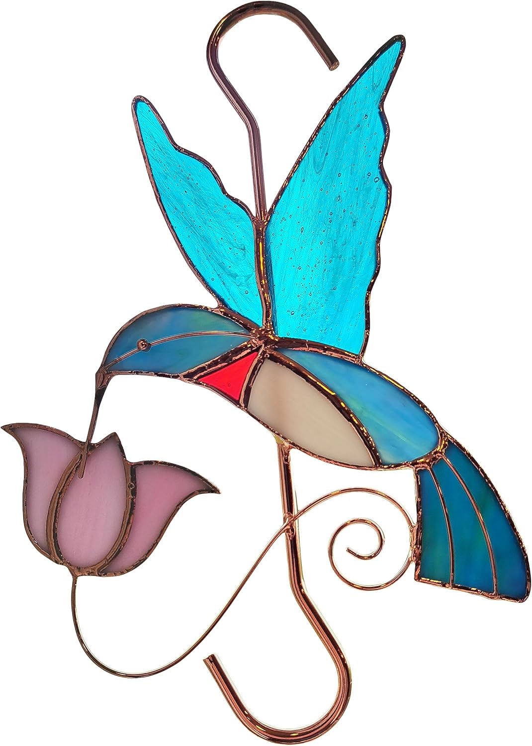 Gift Essentials Plant Hanger Hook - Hummingbird with Pink Flower - Stained Glass Sun Catcher Plant Hook for Indoor and Outdoor Use - Copper S Hooks Top and Bottom