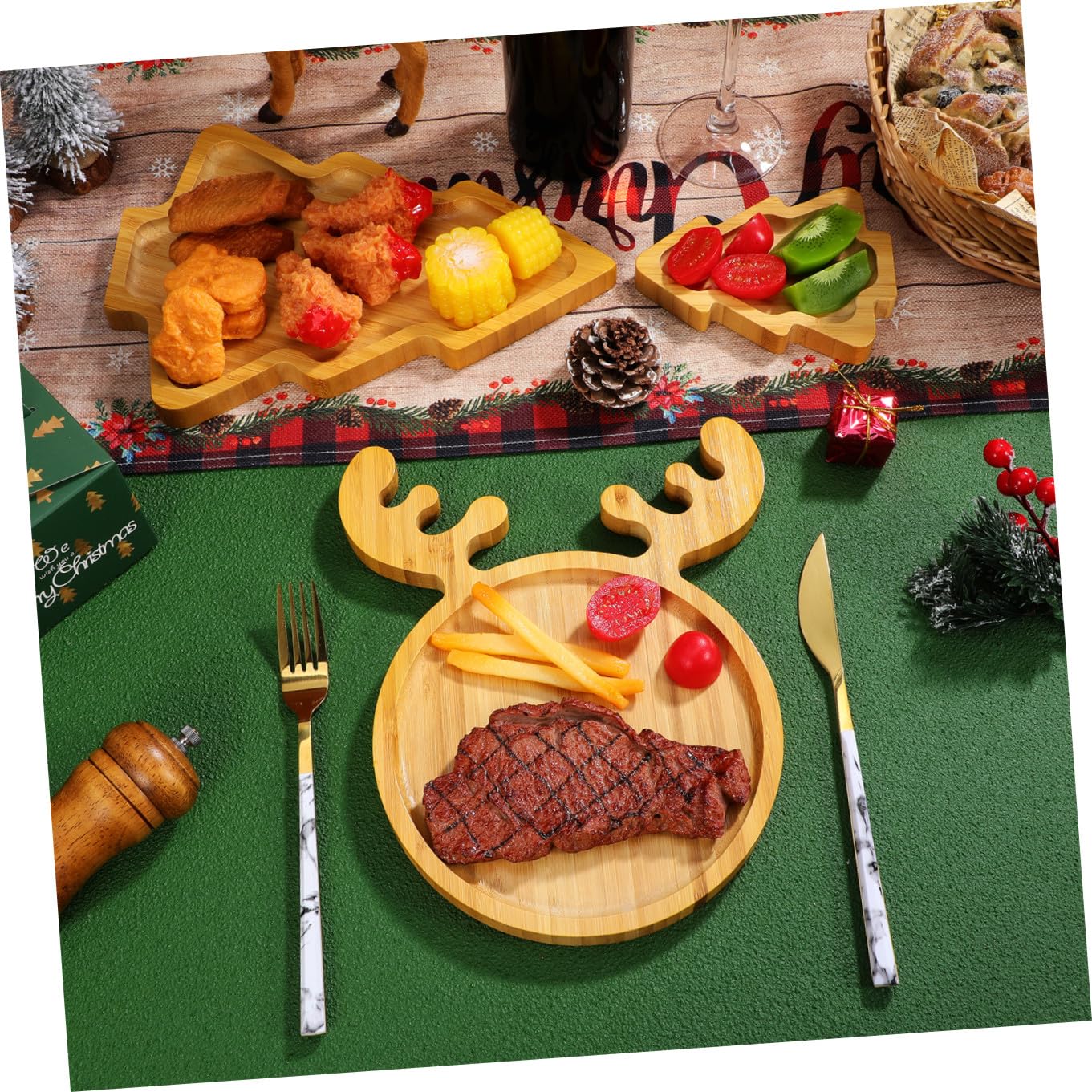 Bandejas Navideñas de Madera en Forma de Ciervo y Árbol de Navidad, 3 Piezas, Gran Capacidad y Seguro para Usar en Picnics al Aire Libre y Restaurantes