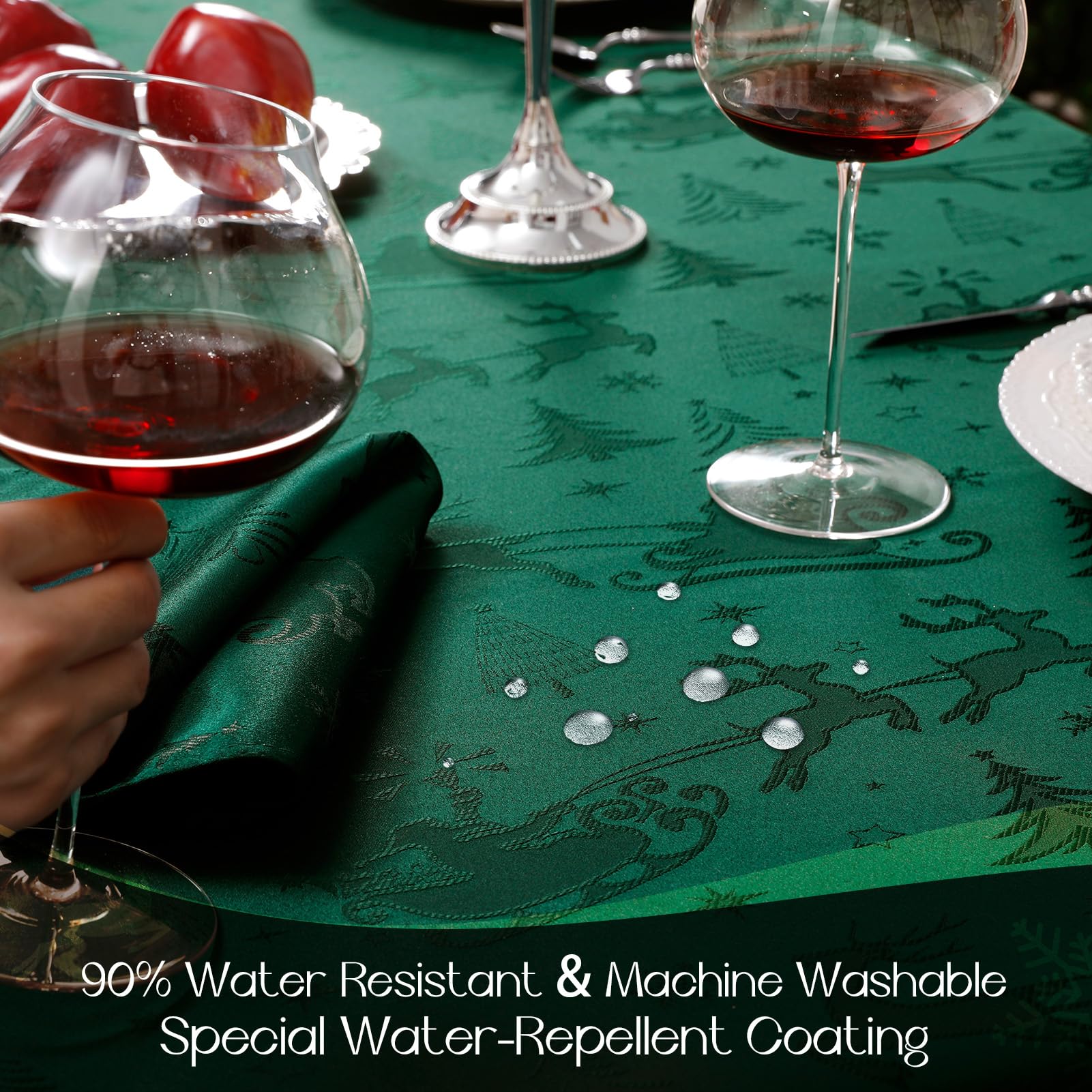 Romanstile Mantel de Navidad verde 350 x 150 cm, grande, lavable e impermeable, jacquard reno y árbol de Navidad, rectangular, XXL, mantel para vacaciones, decoración de Navidad, fiesta, fiesta