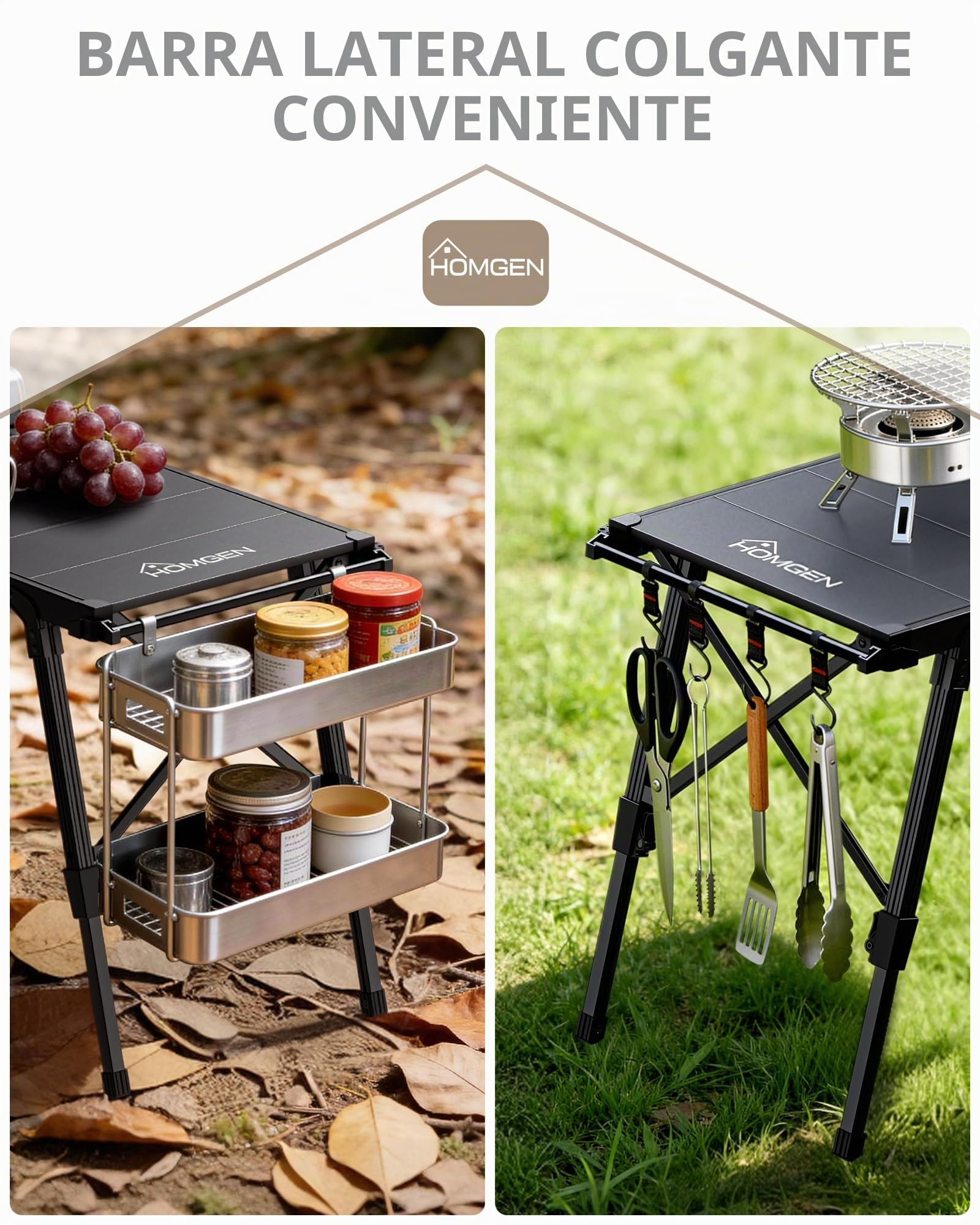 HOMGEN Mesa Camping Plegable IGT 3.5 Unidades Mesa Cocina Exterior Ajustable en Altura 38 a 55 cm Mesa Portátil Aluminio Ligera con Barras Laterales Mesa Picnic Barbacoa Car Camping Modular