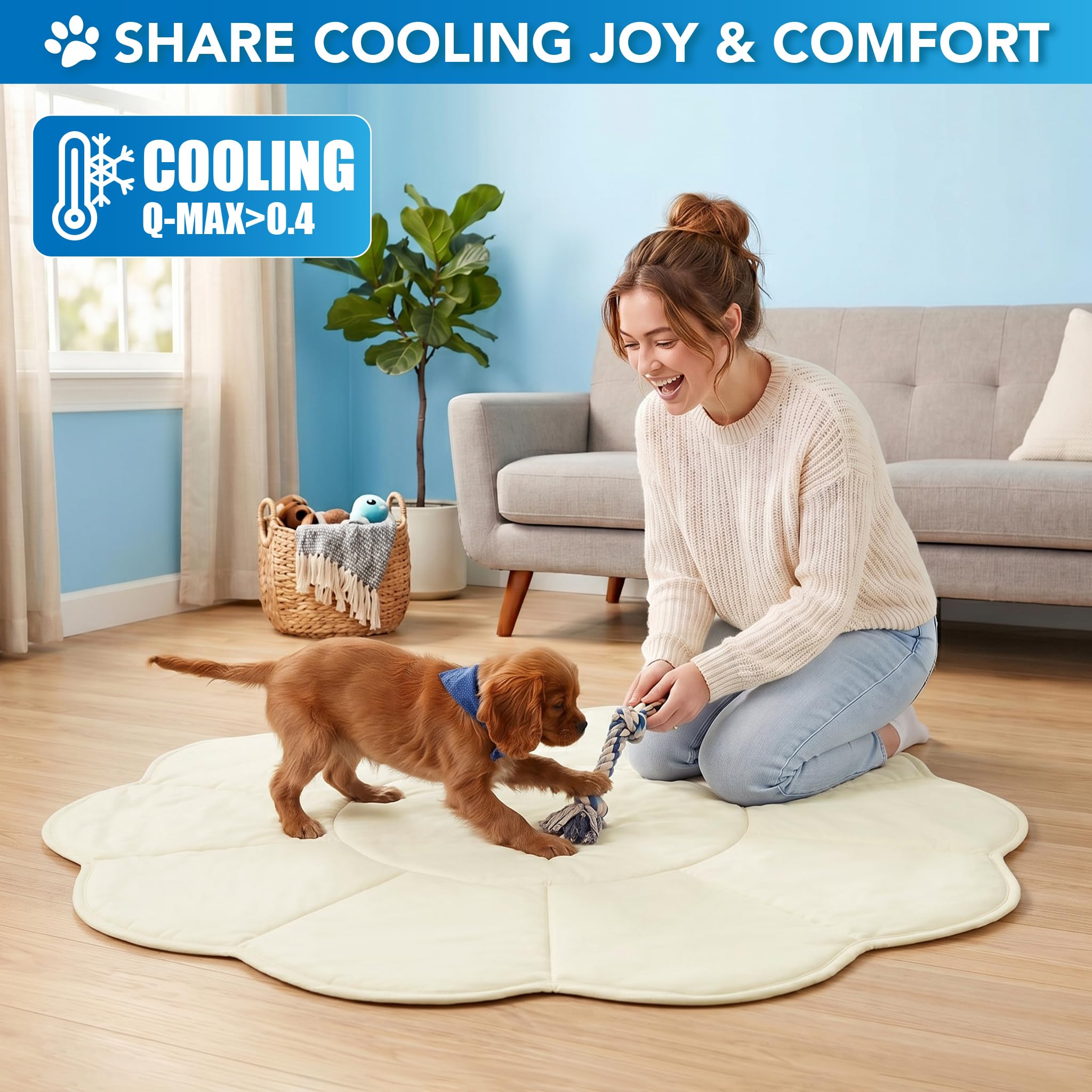 PetAmi Kühlmatte für Hunde, Blumenform, Haustierunterlage mit kühlendem Nylon und weichem Fleece, Q-Max > 0,4, wendbar, Ganzjahresdecke für Hunde und Katzen, Größe M, 111,8 x 111,8 cm, Beige