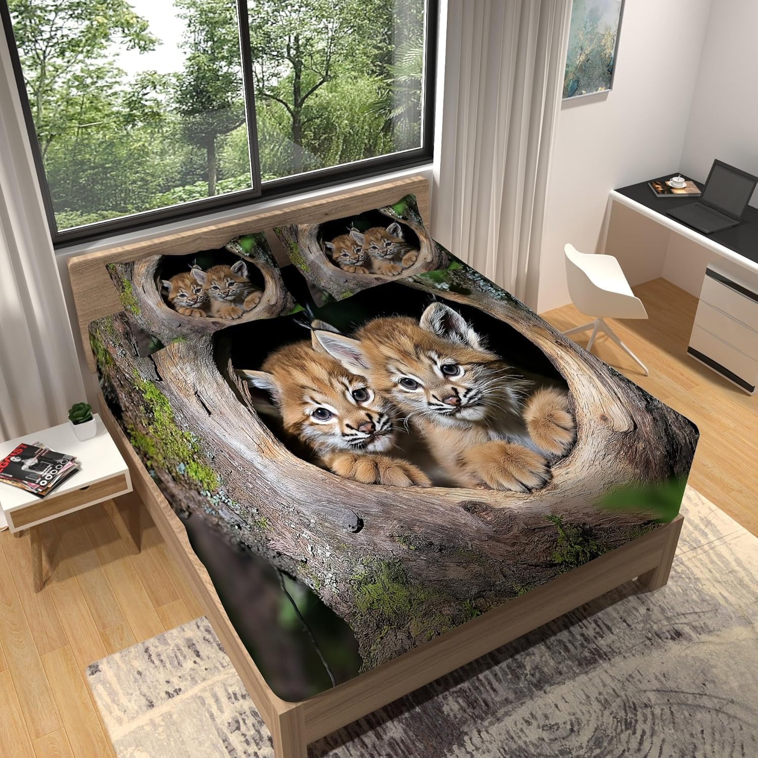 Sábana Bajera Ajustable 180x200 Lince Sábanas de Microfibra Animales Lindos Funda de Colchón Sábana con Elástica Bolsillo Profundo 30 cm Sabanas Cama 180 XCW3787