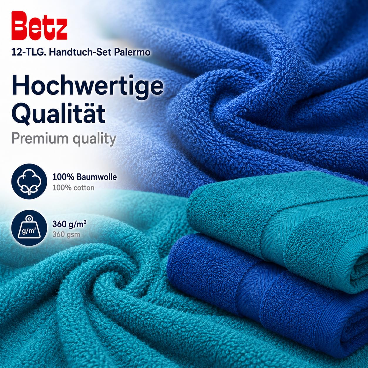 Betz Lot de 12 pièces 100% Coton Palermo 2 draps de Bain 4 Serviettes de Toilette 2 d'invités 2 lavettes 2 Gants de Toilette Couleur Bleu et pétrole