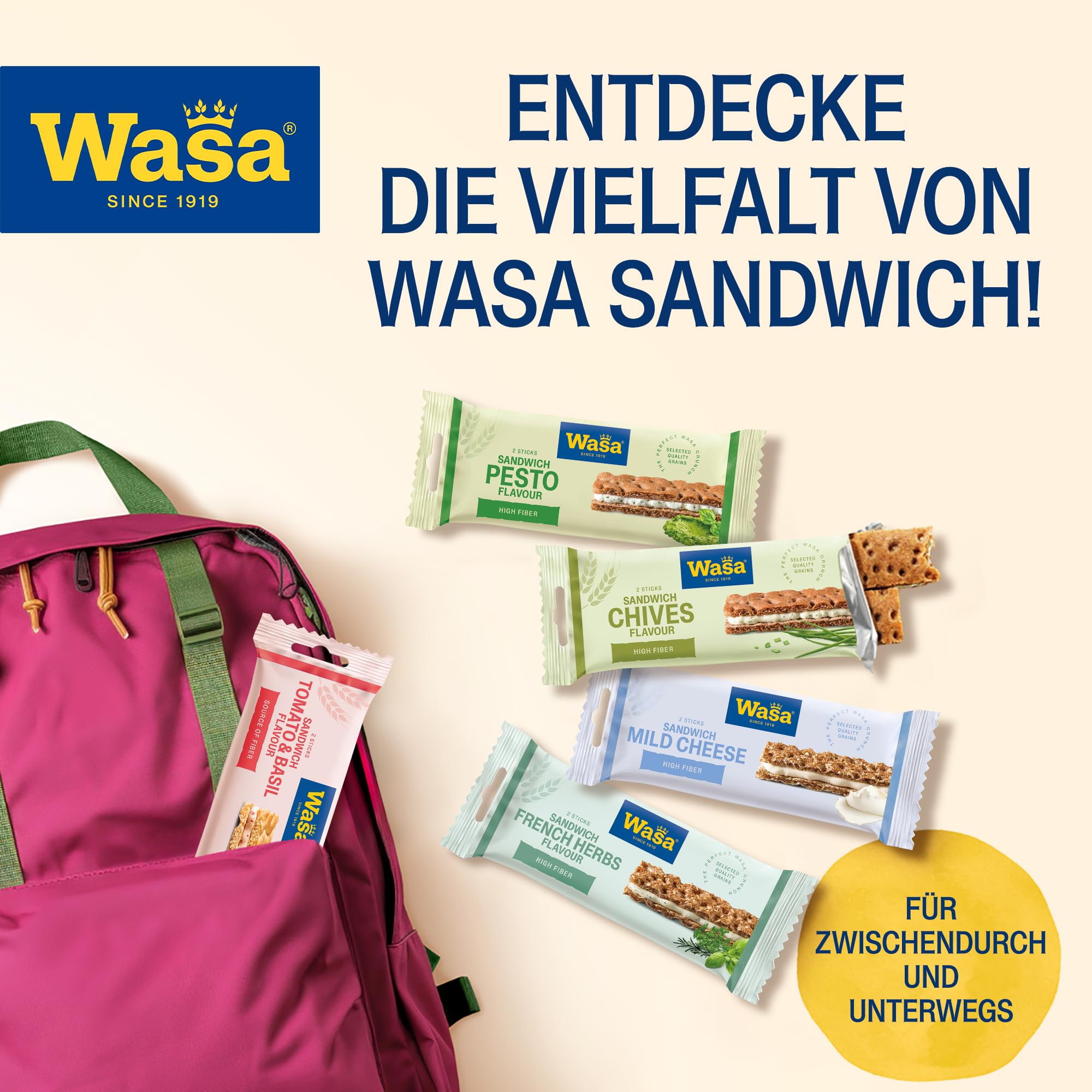 Wasa Chleb chrupki Sandwich Tomato & Basil 40 g przekąska z mąki pszennej z nadzieniem z sera, suszonych pomidorów i bazylii