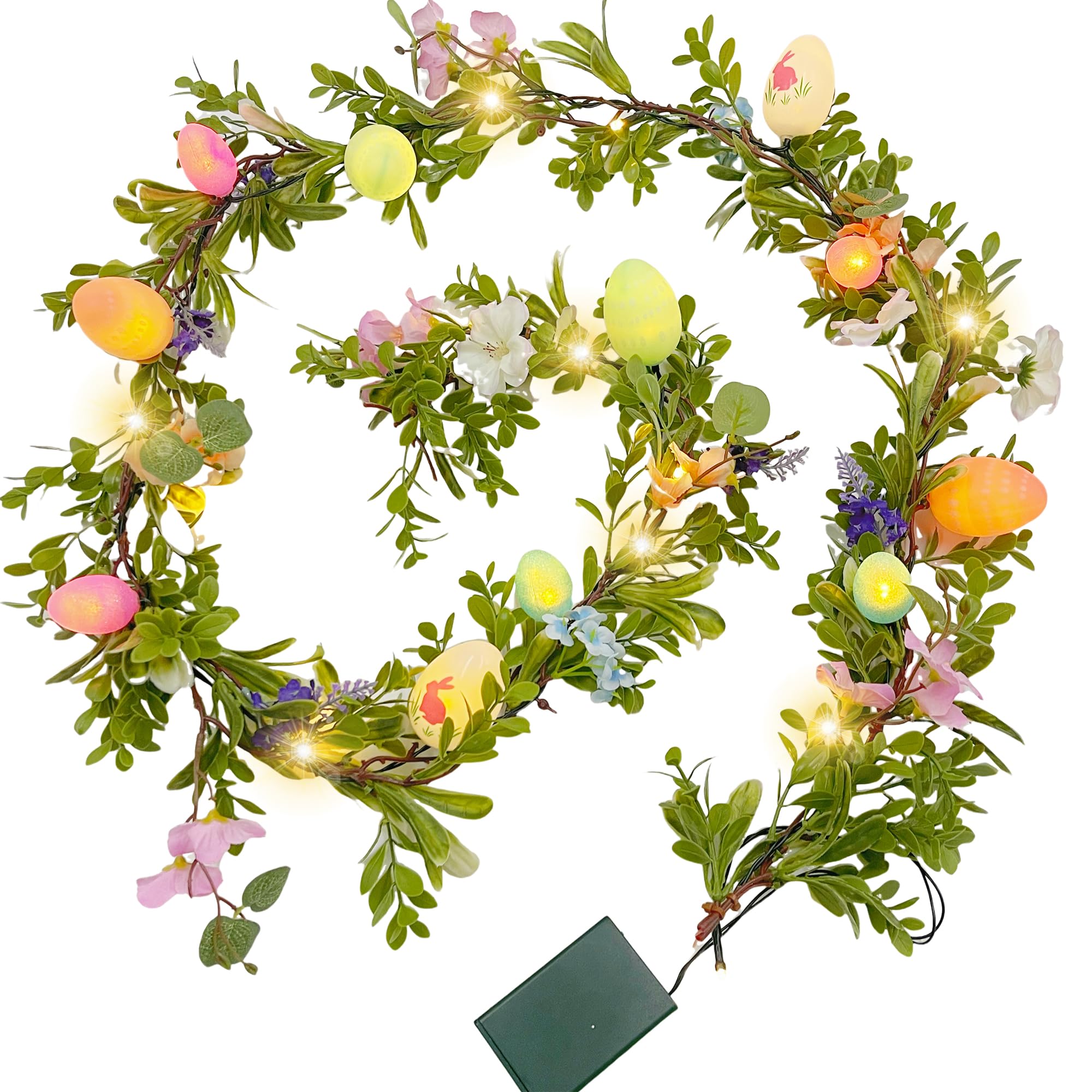 CENMORISE 6FT Lighted Easter Egg Garland with Mixed Flowers,Artificial Spring Garland with Timer,Easter Decorations for Mantle Table etc