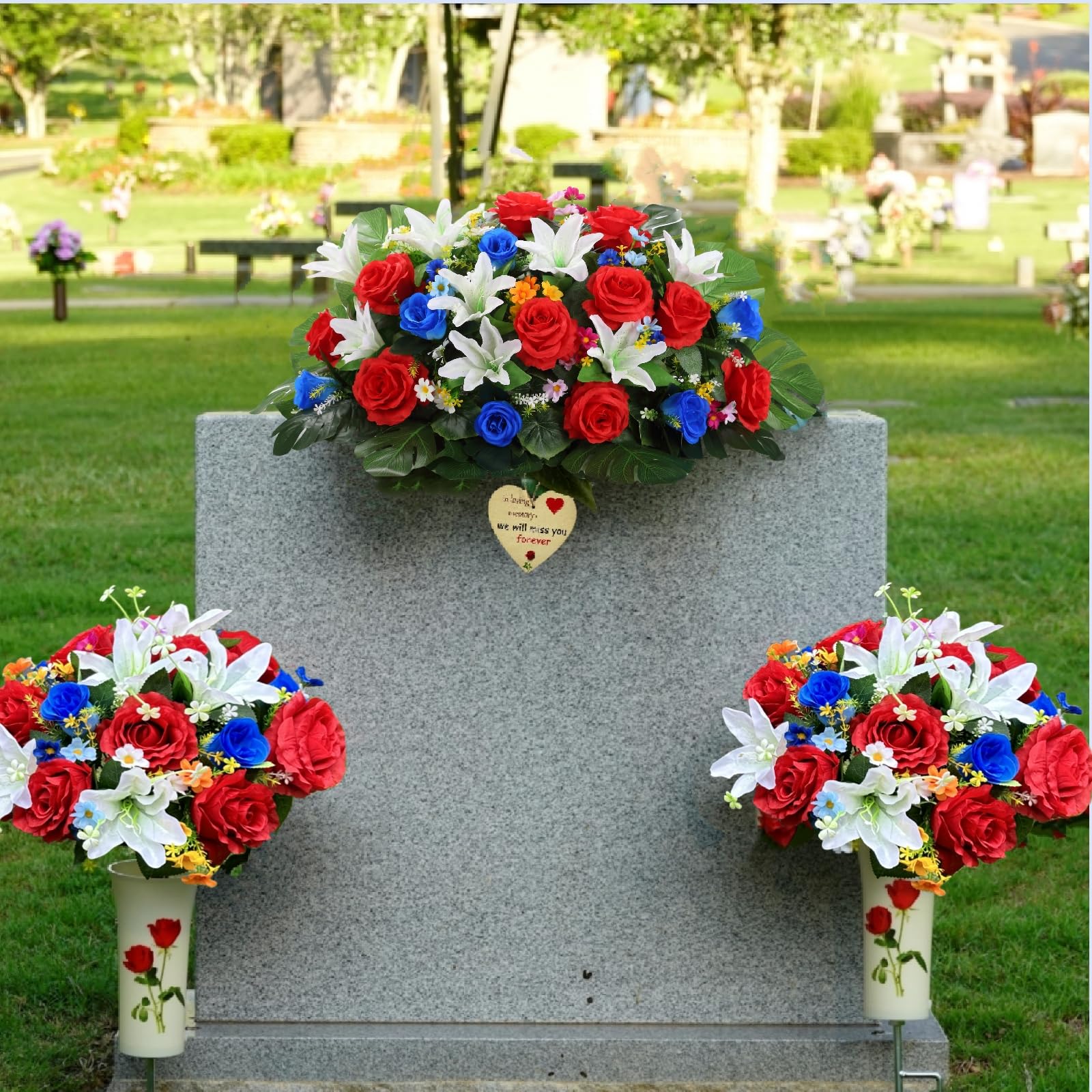 Artificial Cemetery Flowers With Vase & Saddle - Realistic Rose & Carnation Bouquets For Grave Decor - Weather-Resistant - View #4